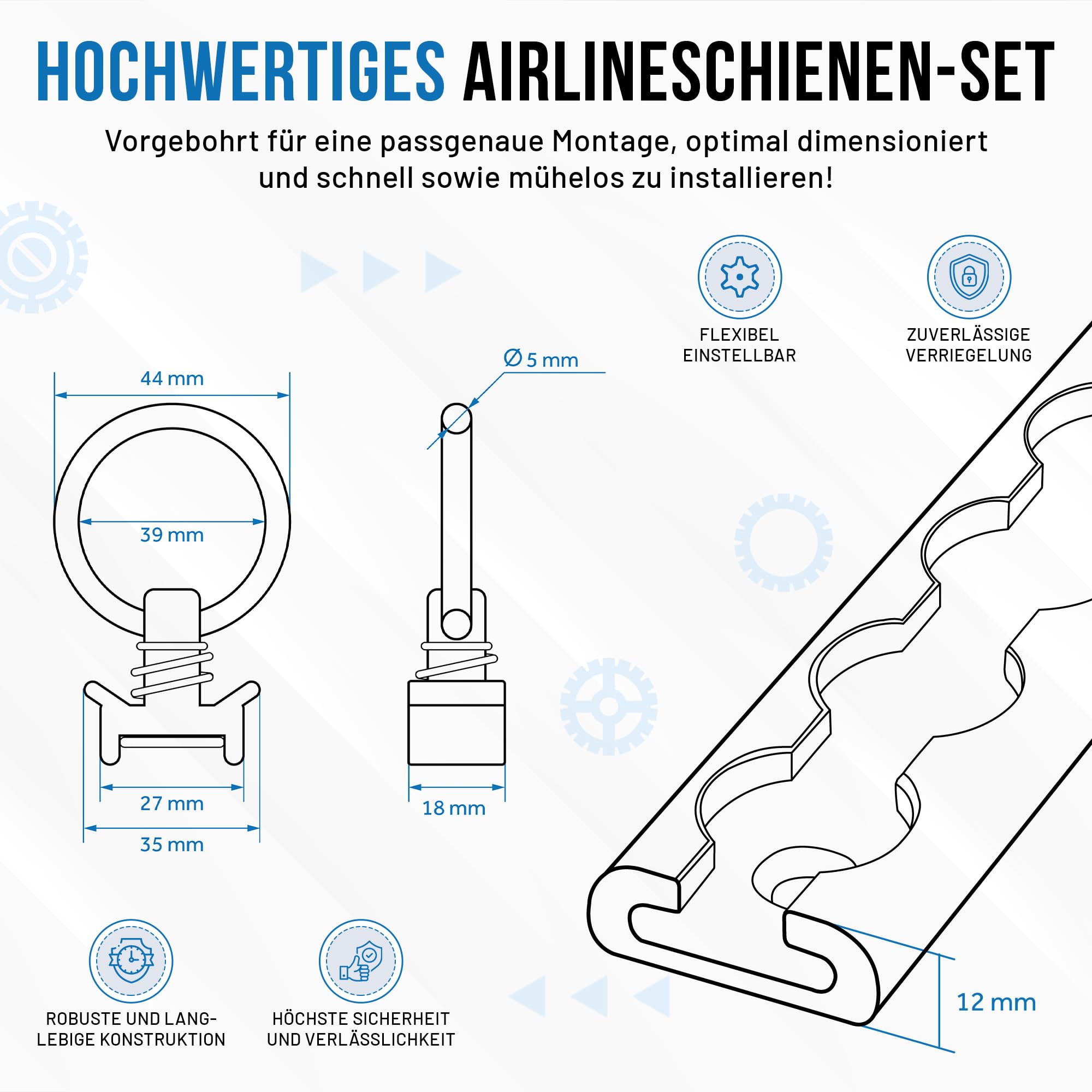Airlineschiene 8 x 1m Set + 20 Single Fitting & Befestigungsschrauben | Eloxiertes Aluminium | Zurrschiene mit Endkappen & Fittingen | Für Anhänger, Wohnmobil, PKW, LKW