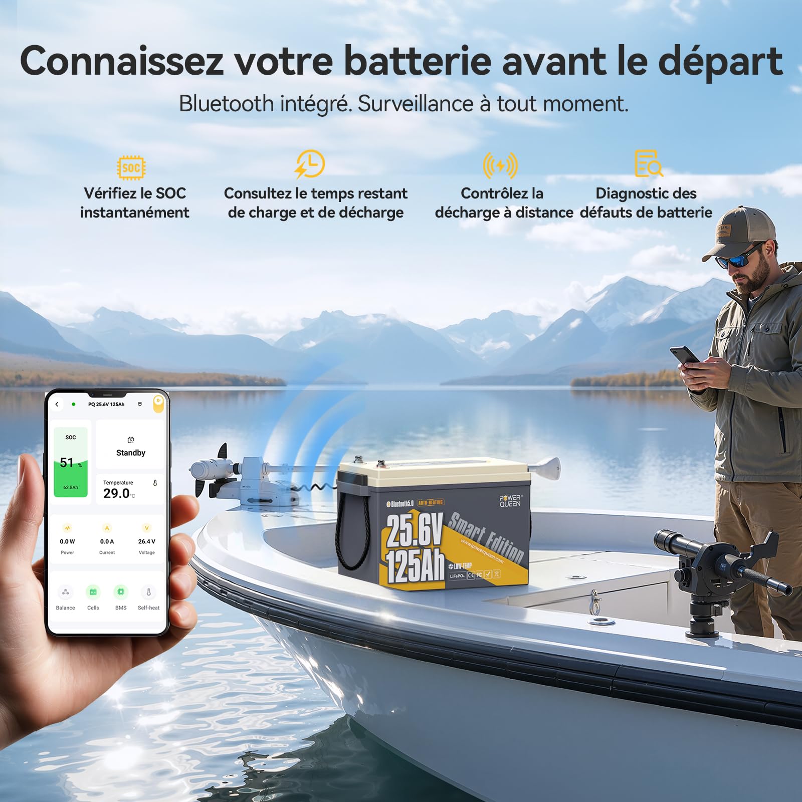 Power Queen 25.6V 125Ah Batterie Lithium Bluetooth Auto-Chauffage, BMS 125A 3200Wh Énergie Batterie LiFePO4, IP67 Étanche 15000+ Cycles Profonds, pour Camping-Car, Caravane, Moteur Électrique Bateau
