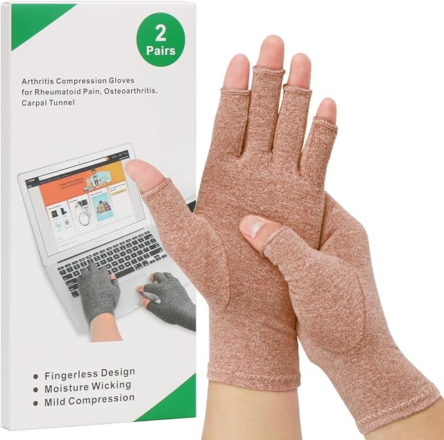 2-Pair Arthritis Compression Gloves for Alleviate Rheumatoid Osteoarthritis, Carpal Tunnel Raynauds Disease, Ease Muscle Tensi on Fingerless, Breathable & Moisture, Women and Men (Coffee, Small)