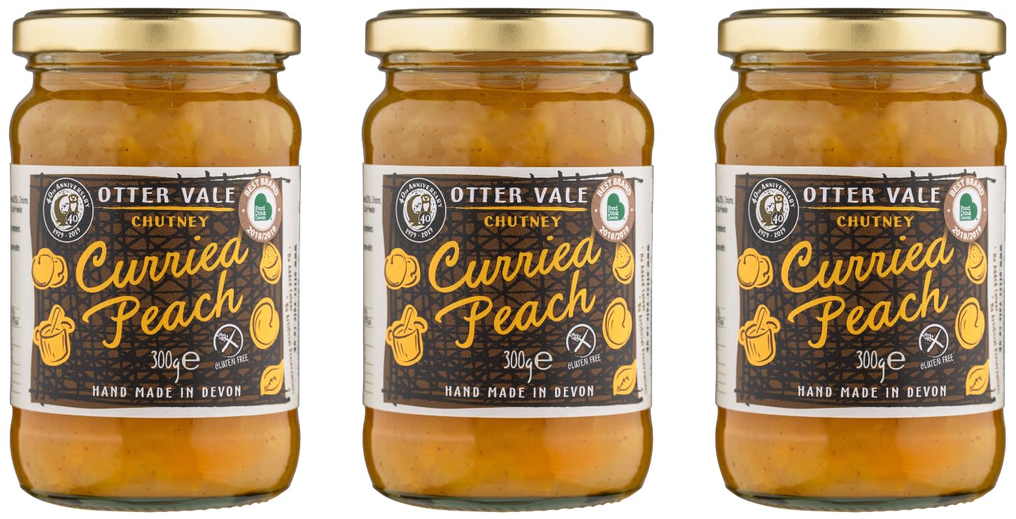 Otter Vale - Curried Peach Chutney, peach fruitiness with a hint of curry spice, hand-made in Devon, gluten-free, 300g glass jar x 3