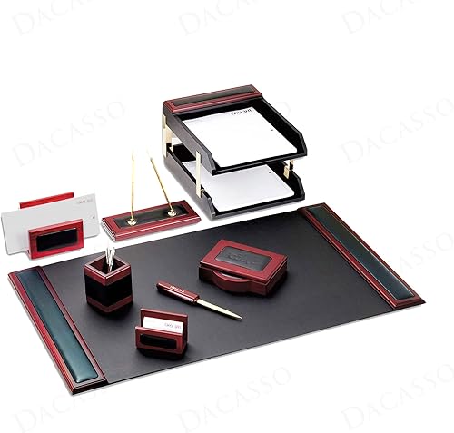 Dacasso Juego de accesorios de escritorio de 10 piezas de palisandro y cuero negro, elementos esenciales de organización con almohadilla de