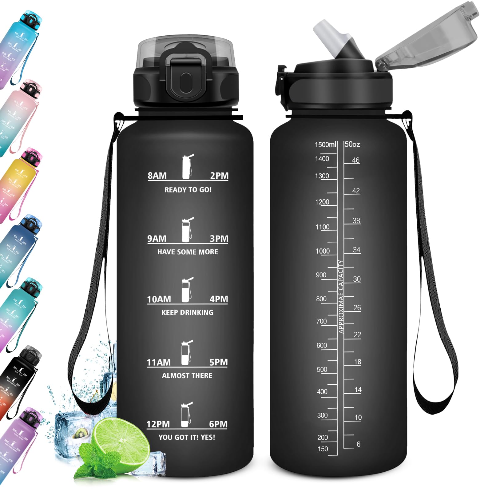 KollyKolla Drinking Bottle 1.5 L, Sports Water Bottle with Straw, BPA-Free, Large Water Bottle, Leak-Proof, Suitable for Carbonated Drinks, Bottle for Adults, Office