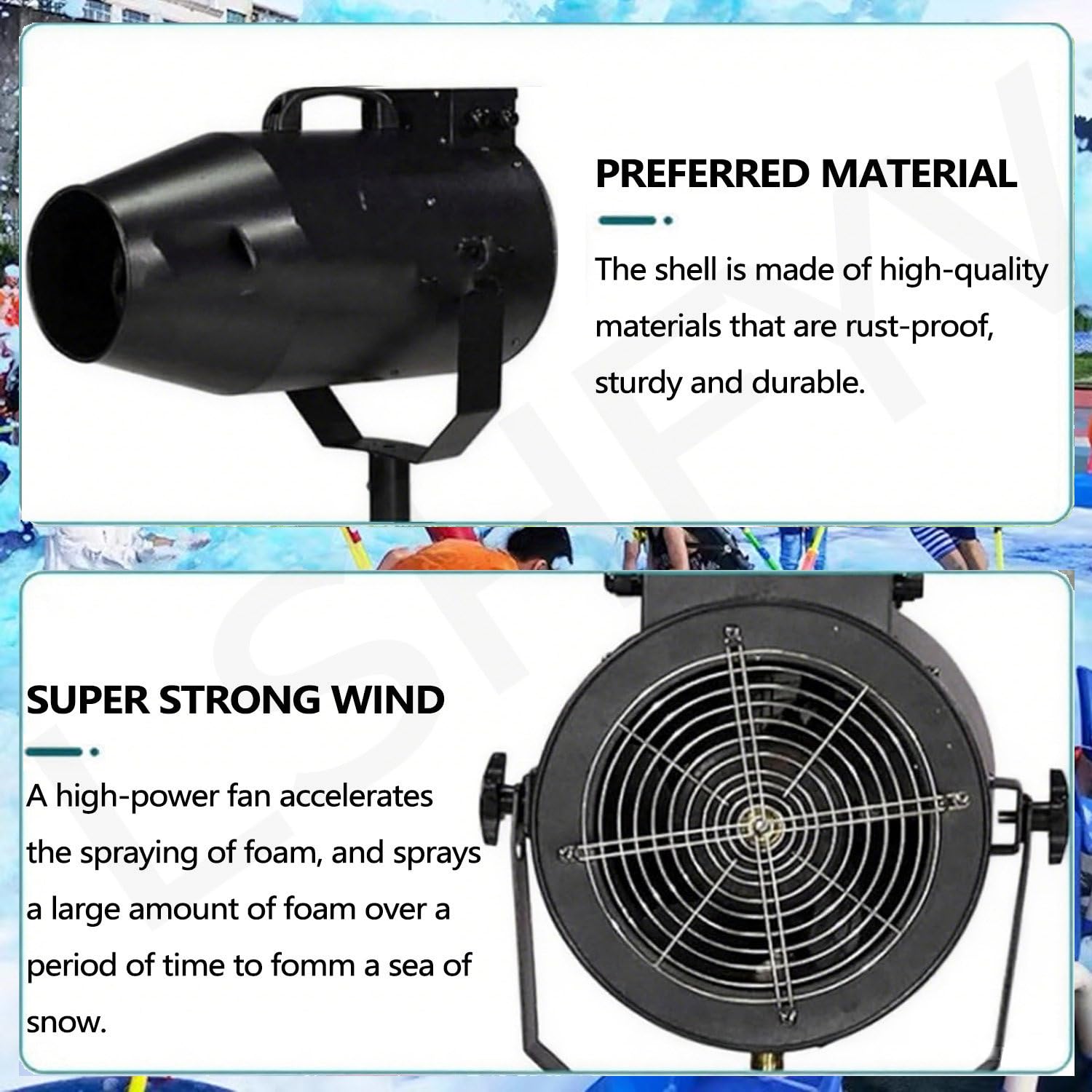 Macchina per schiuma per feste, generatore di schiuma da 1000 W con angolo regolabile, copertura fino a 80 ㎡, ideale per eventi all'aperto e feste estive di nuoto