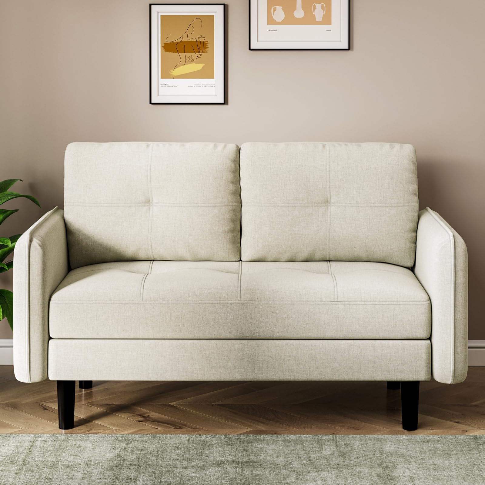 Hadibio 2 Seater Sofa, Modern Small Sofa Couch with Thicken Cushions, Comfy Loveseat Sofa 2 Seater with Storage Pocket, Upholstered Couch for Living Room Bedroom Apartment Office (Beige)