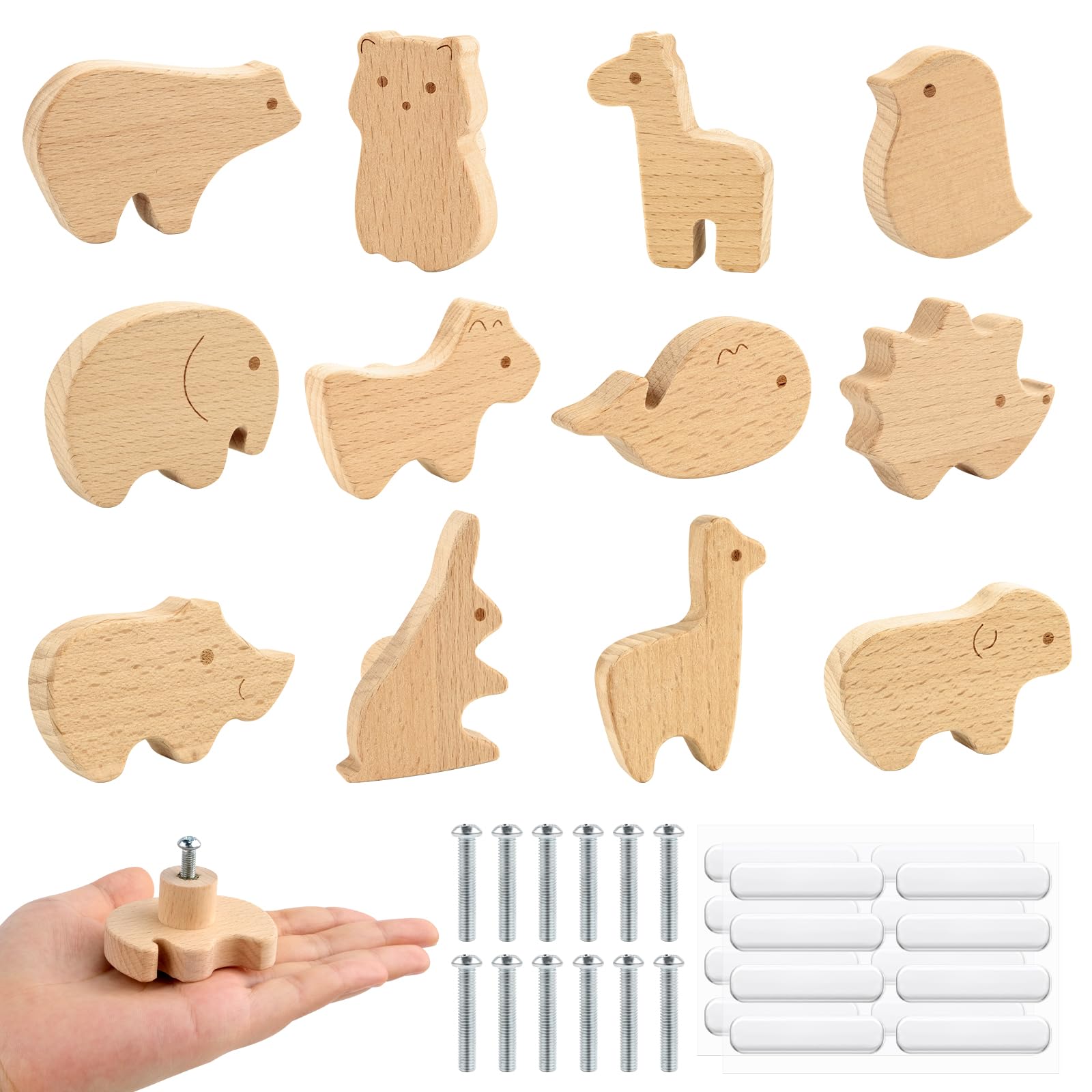 Pomelli per Mobili Bambini, Maniglie Armadio in Legno con Motivi Animali, 12 Pezzi