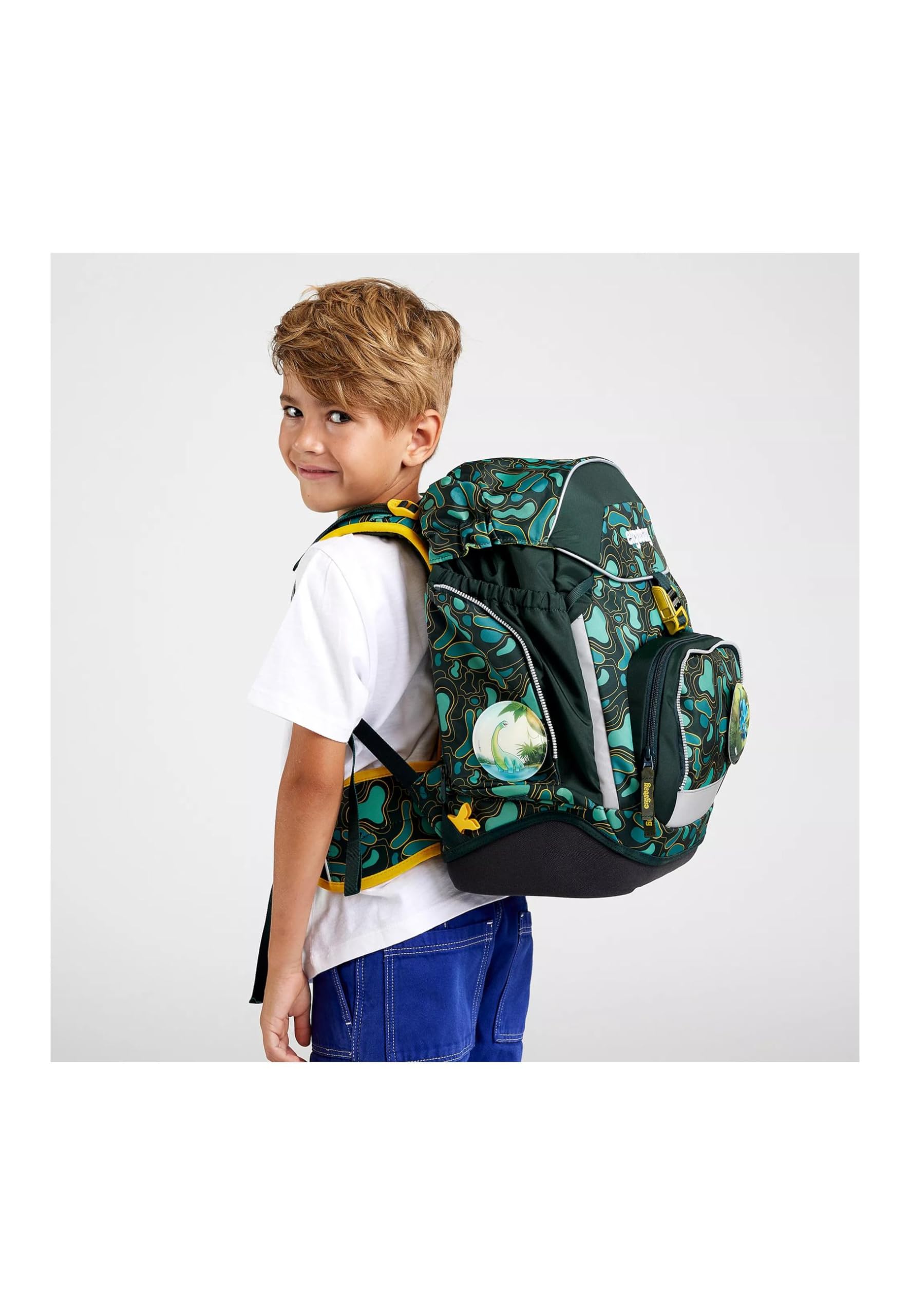 ergobag pack Set ergonomischer Schulrucksack, Schulranzen, Vorgänger-Kollektion, flexibel 6-teilig Grundschule TriBäratops - Dunkelgrün