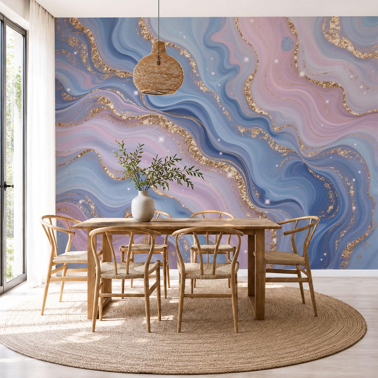 Papier peint panoramique vagues marbre rose bleu moderne poster mural salon 300x210