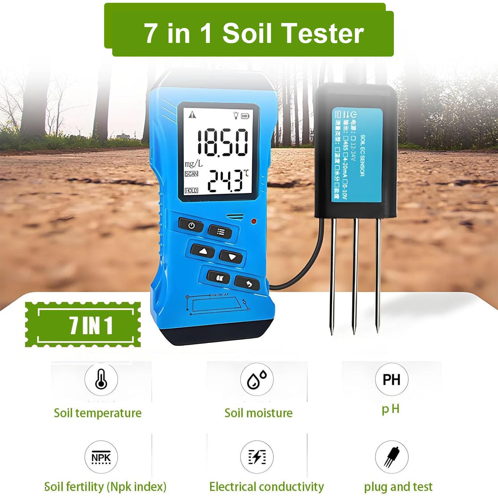 Kit di analisi del Terreno vegetale 7 in 1: Tester NPK + misuratore di PH Misura umidità, Temperatura e conduttività per Test di fertilità e nutrienti per l'orticoltura
