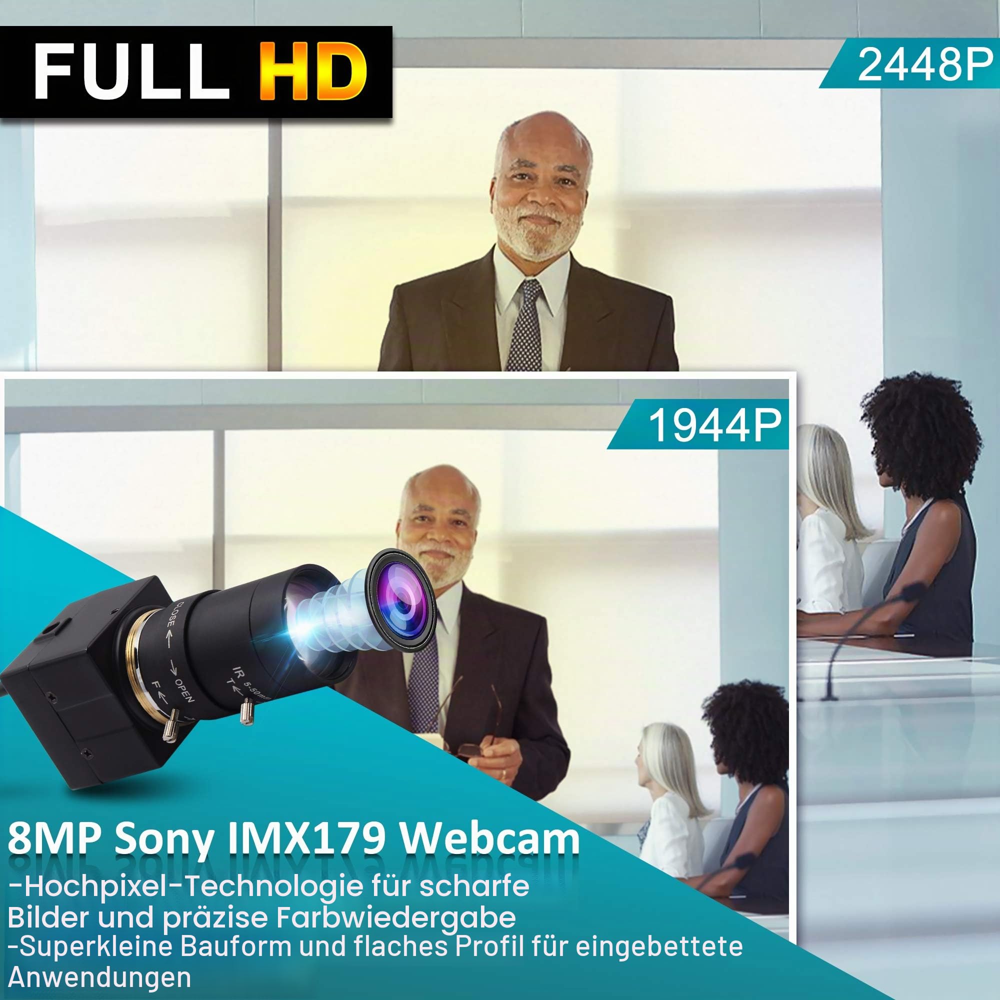 ELP Webcam 8MP,WebKamera HD 5-50mm Manuell Variable Fokus Objektiv,IMX179 Sensor USB Kamera PC Desktop/Laptop HD 2448P Zoom Kamera kompatibel mit Mac/Windows/Linux/Android USB8MP02G-SFV(5-50)