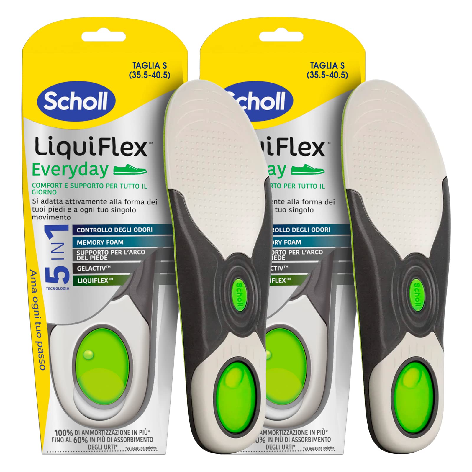 Scholl Liquiflex Everyday Plantare Comfort Quotidiano per Scarpe Ballerine e Stivali Casual dal 35,5 al 40,5 Taglia S - 2 Confezioni da 1 Paio