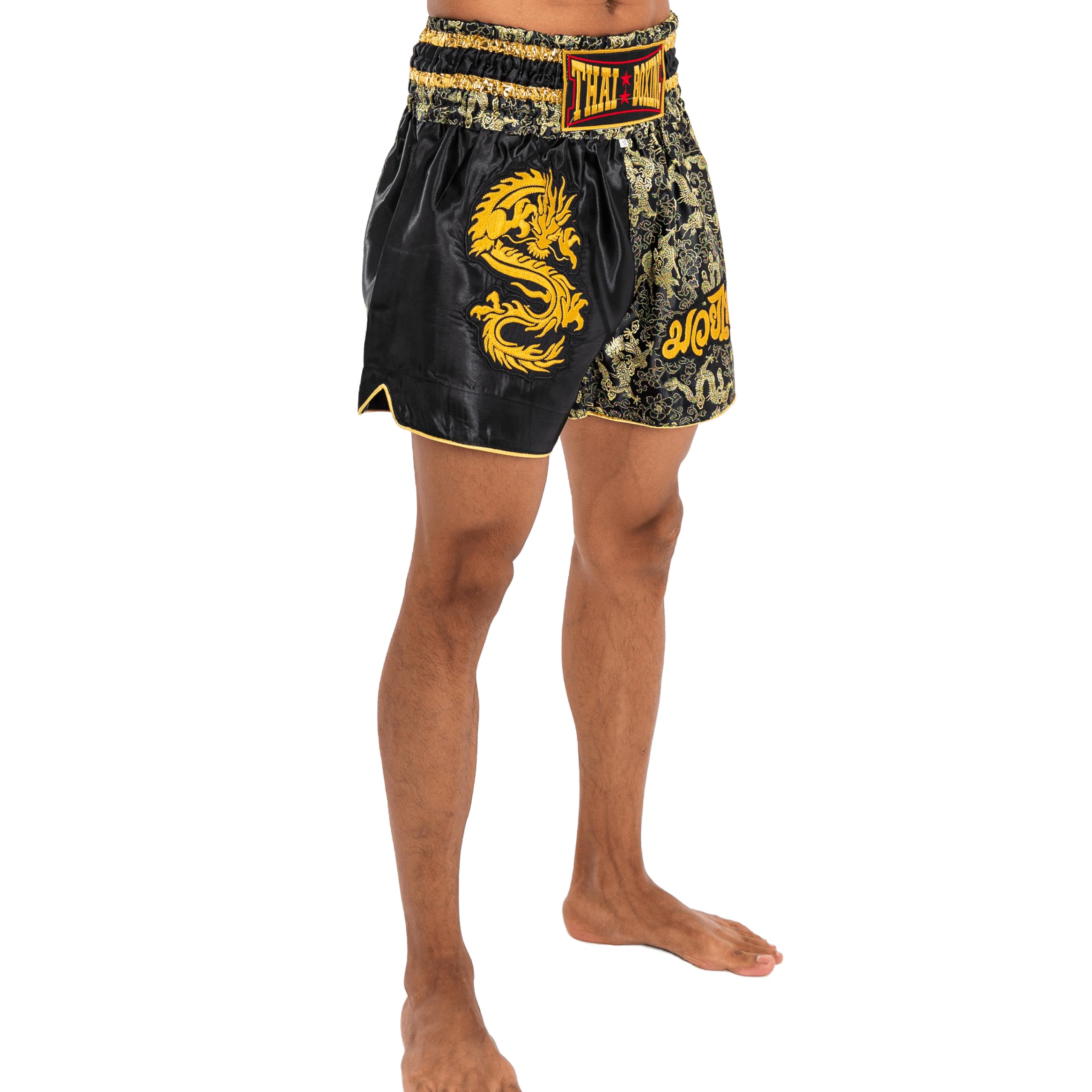 Pantalones Cortos de Muay Thai para Hombres y Mujeres, Corte Ajustado, Shorts de Boxeo MMA para Entrenamiento, Ropa de Kickboxing (FR/ES, Letras, L, Regular, Regular, Dragón Negro)