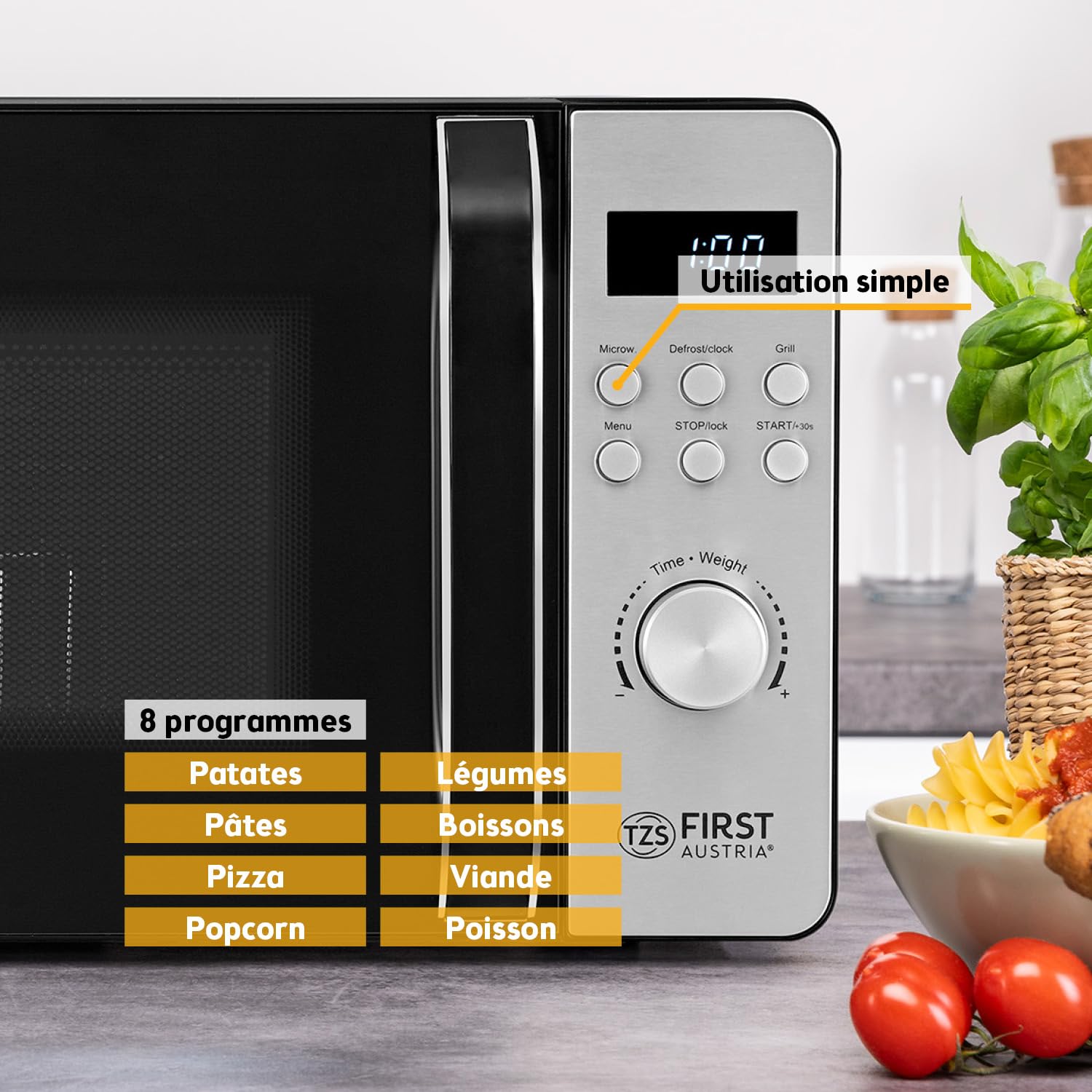 TZS First Austria micro-ondes digital avec grill, 20L, 700W micro-ondes, 800W grill, 8 programmes automatiques, démarrage rapide, écran LED, compact, antidérapant, inox, décongélation, gratinage