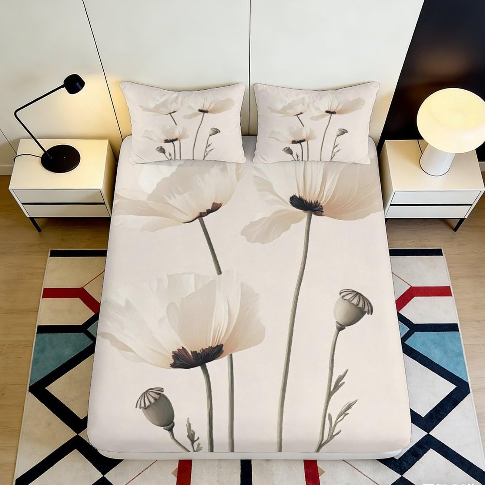 3D Printed Cream Poppy Floral Fitted Sheet Microfiber Soft Anti-Slip Modern Botanical Mattress Cover for Bedroom Decor 120x200x25cm