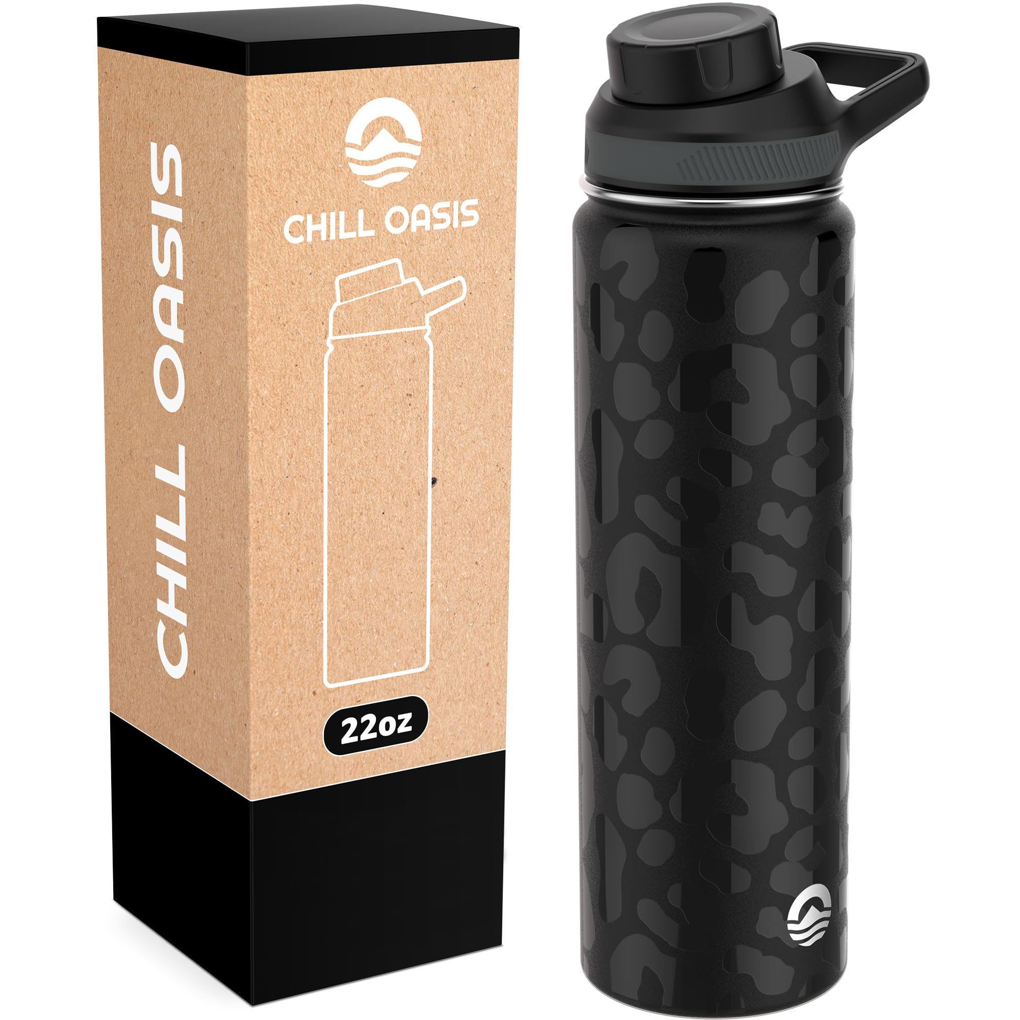 Chill OasisWater Bottle | Compatible With Popular Flavor Cartridges | BPA Free, Leak Proof, Double-Walled Vacuum Insulated Stainless Steel, and Dishwasher Safe | Cold for 24 Hours (Leopard, 22oz)