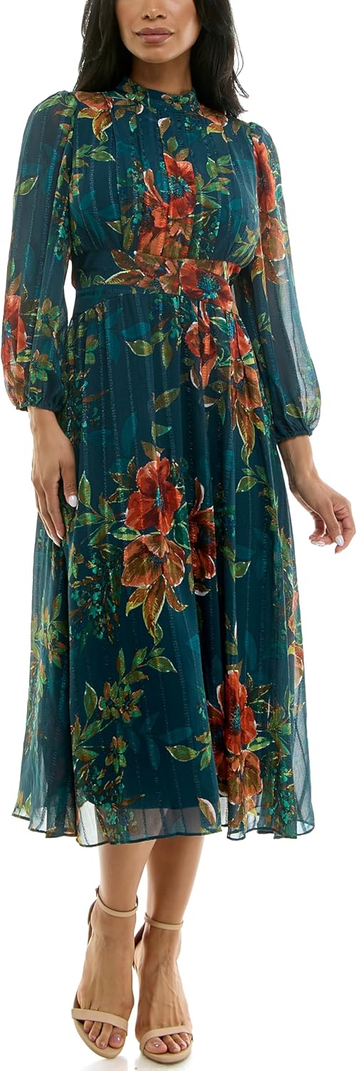 Gabby Skye Women's Long Sleeve Mock Neck Floral Print Shadow Stripe Chiffon Maxi Dress - Image 2