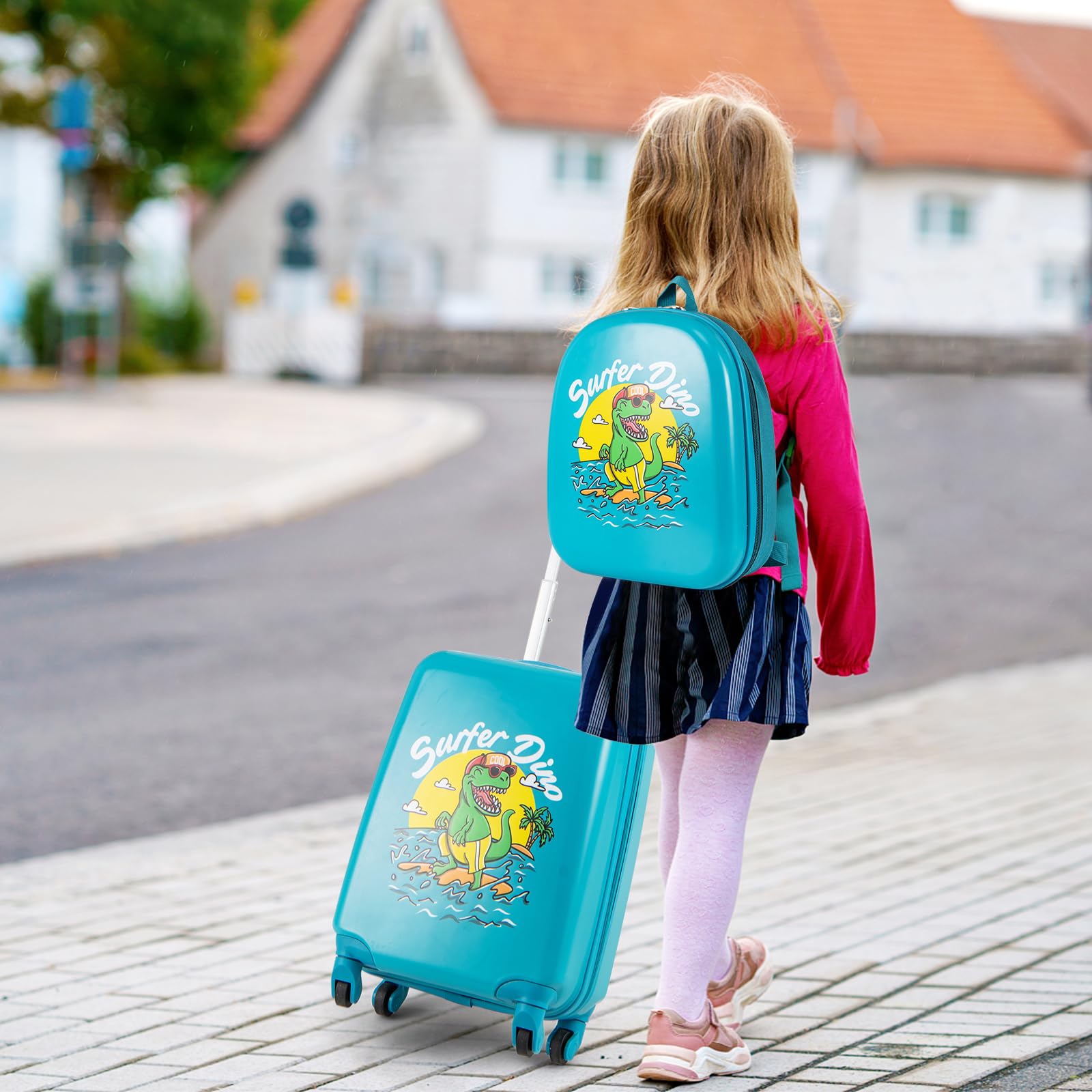 COSTWAY Set di 2 Valigia per Bambini, 17" Valigia+ 13" Zaino, con Ruote Girevoli a 360°, Maniglia Retrattile e Spallacci Regolabili, Ideale per Viaggiare in Modo Comodo e Divertente (Modello 1)