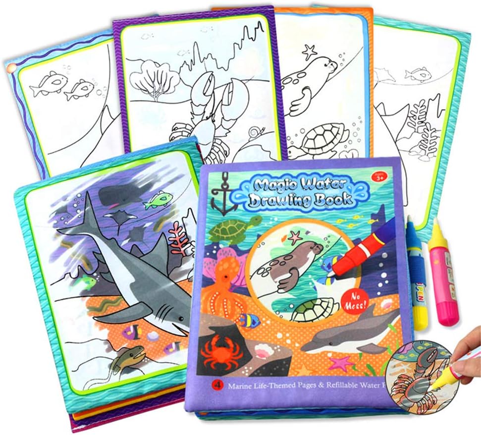 HOMSEEK Magic Drawing Books,Aqua Drawing Fabric Books(2.6in x 8.3in) with 2 Doodle Pens,Cloth Reusable Wow Doodle Learning Painting Doodle Scribble Pad with Magic Water Pens for Kids-Ocean