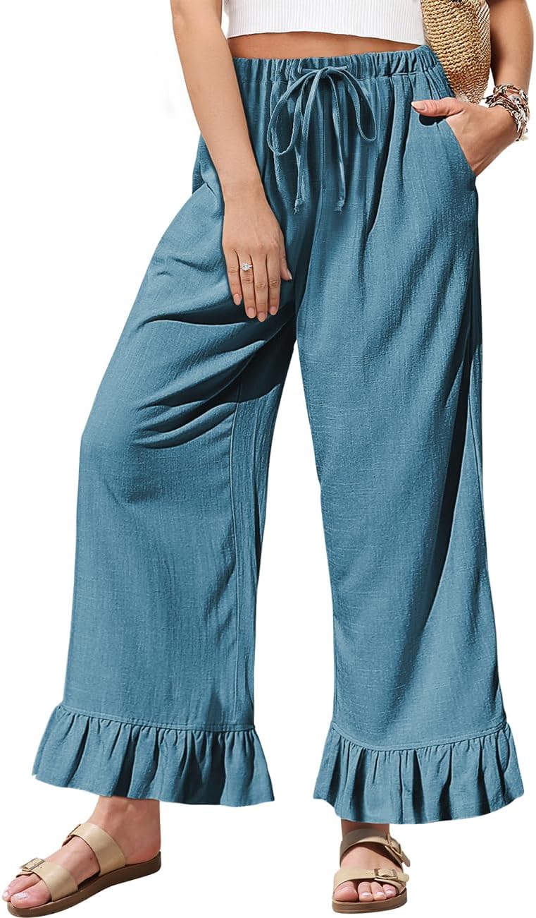 TARSE Women’s Linen Casual Pants Flared Leg Wide Leg Drawstring Ruffle Harem Palazzo Pants with Pockets