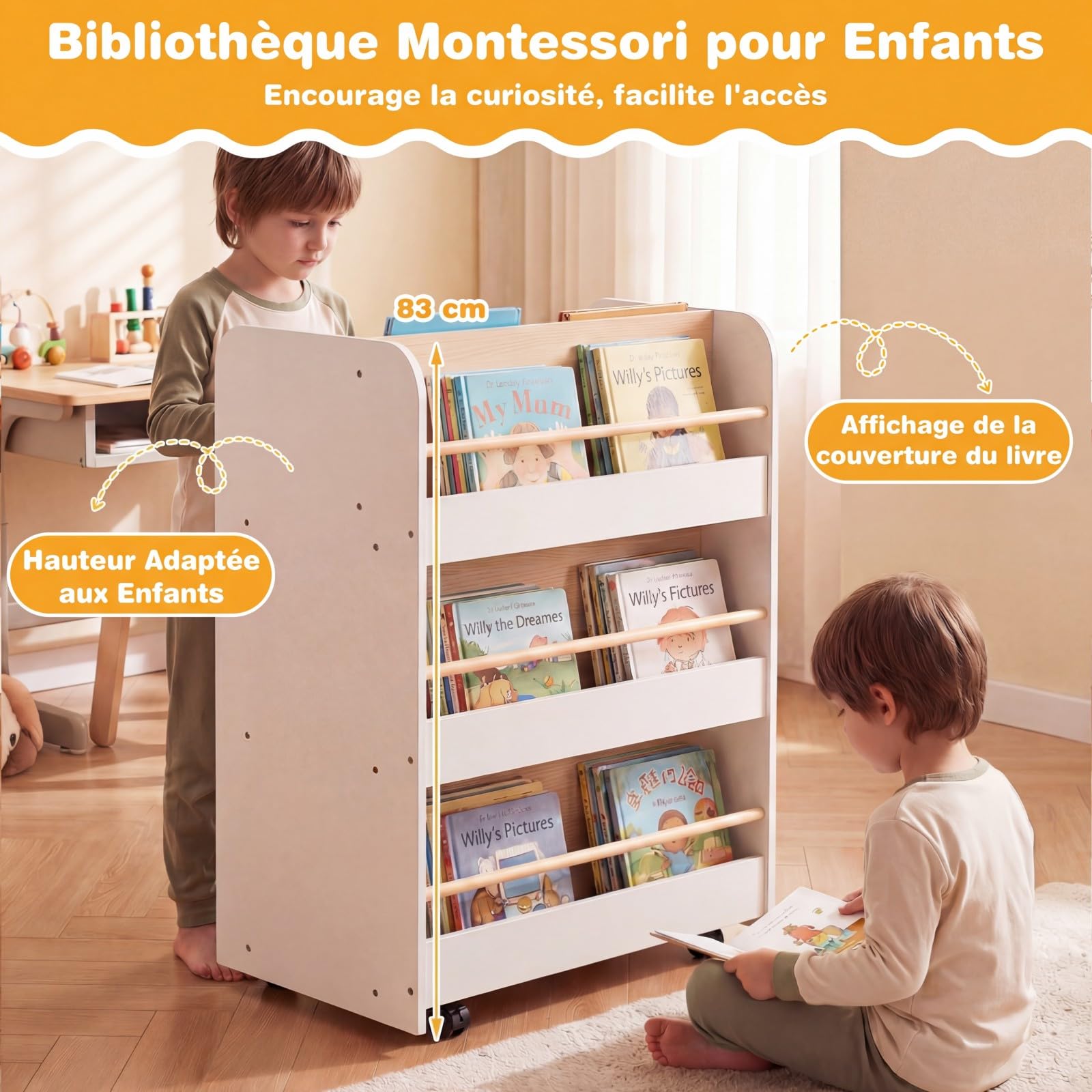 COSTWAY Bibliothèque Enfant Double Face avec 3 Étagères et 5 Casiers Ouvertes, Étagère à Livres Enfant avec 4 Roues, Kit Anti-basculement, Organiseur de Jouets pour Salle de Jeux Crèche