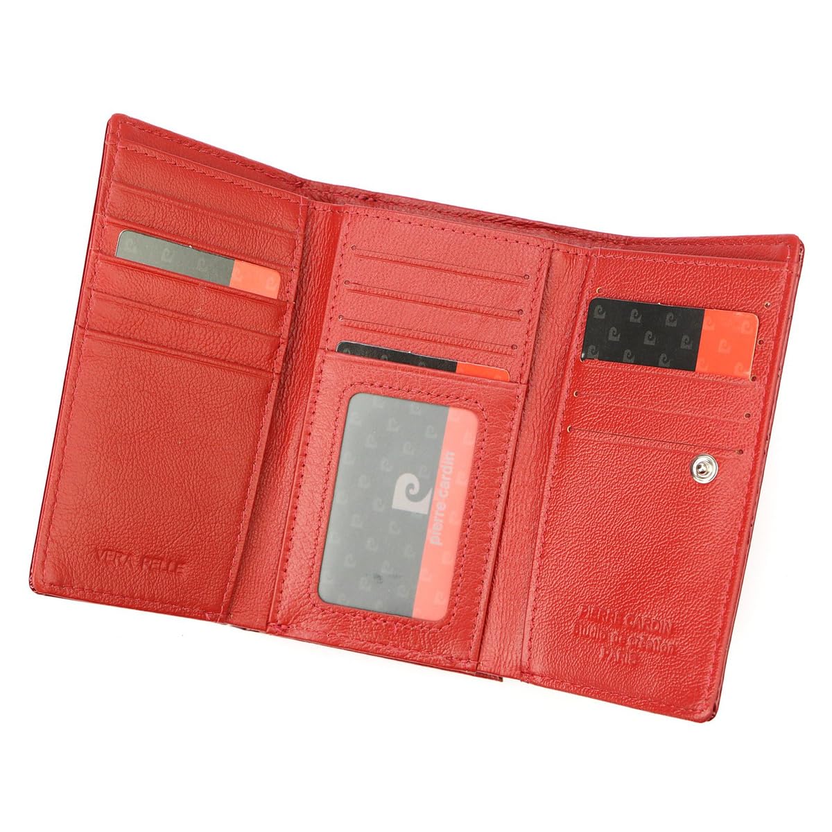 Pierre Cardin Cartera Mujer 100% Cuero Natural Gran Bolsillo de Moneda con Cierre Bolsillo de Tarjeta Cómodo Funcional Elegante Moderno, rojo, LEAF, Clásico