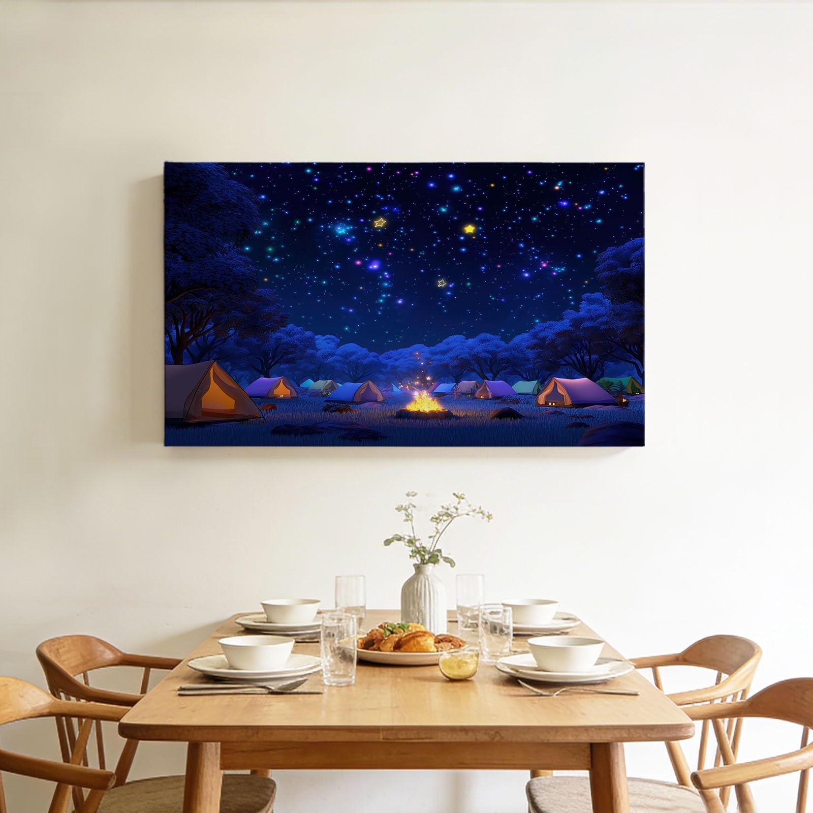 Generisch Cartoon Wald Sterne Lagerfeuer Modernes Leinwandbild 90L x 60B cm mit Rahmen, Marineblau XXL Wanddeko für Wohnzimmer Geschenk Idee Einzug - Hochwertiger Kunstdruck auf Holzrahmen