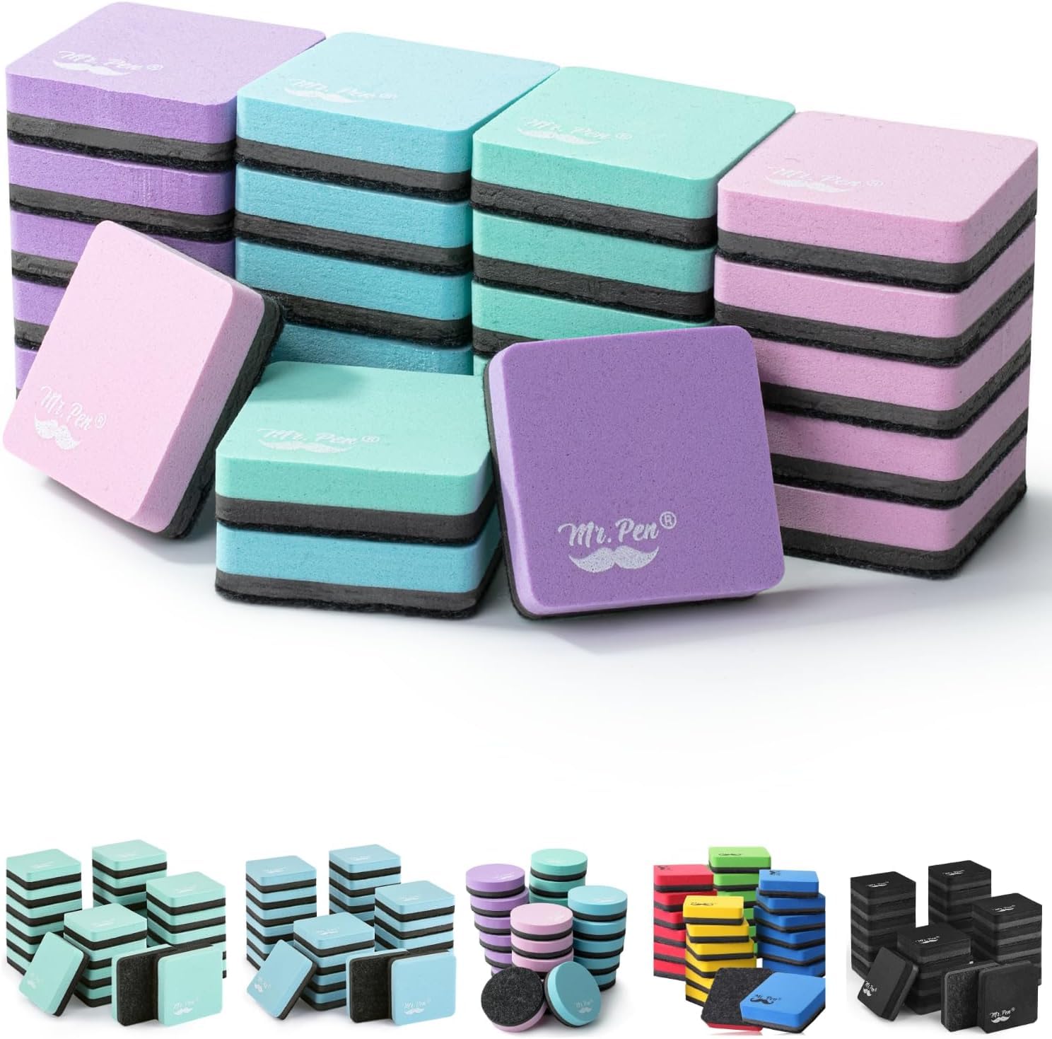 Mr. Pen Mini Dry Erase Eraser, 24 Pack, Pastel Colors, Magnetic, Square, Ethylene Vinyl Acetate (EVA), Dry-Erase-Boards, Whiteboard Eraser