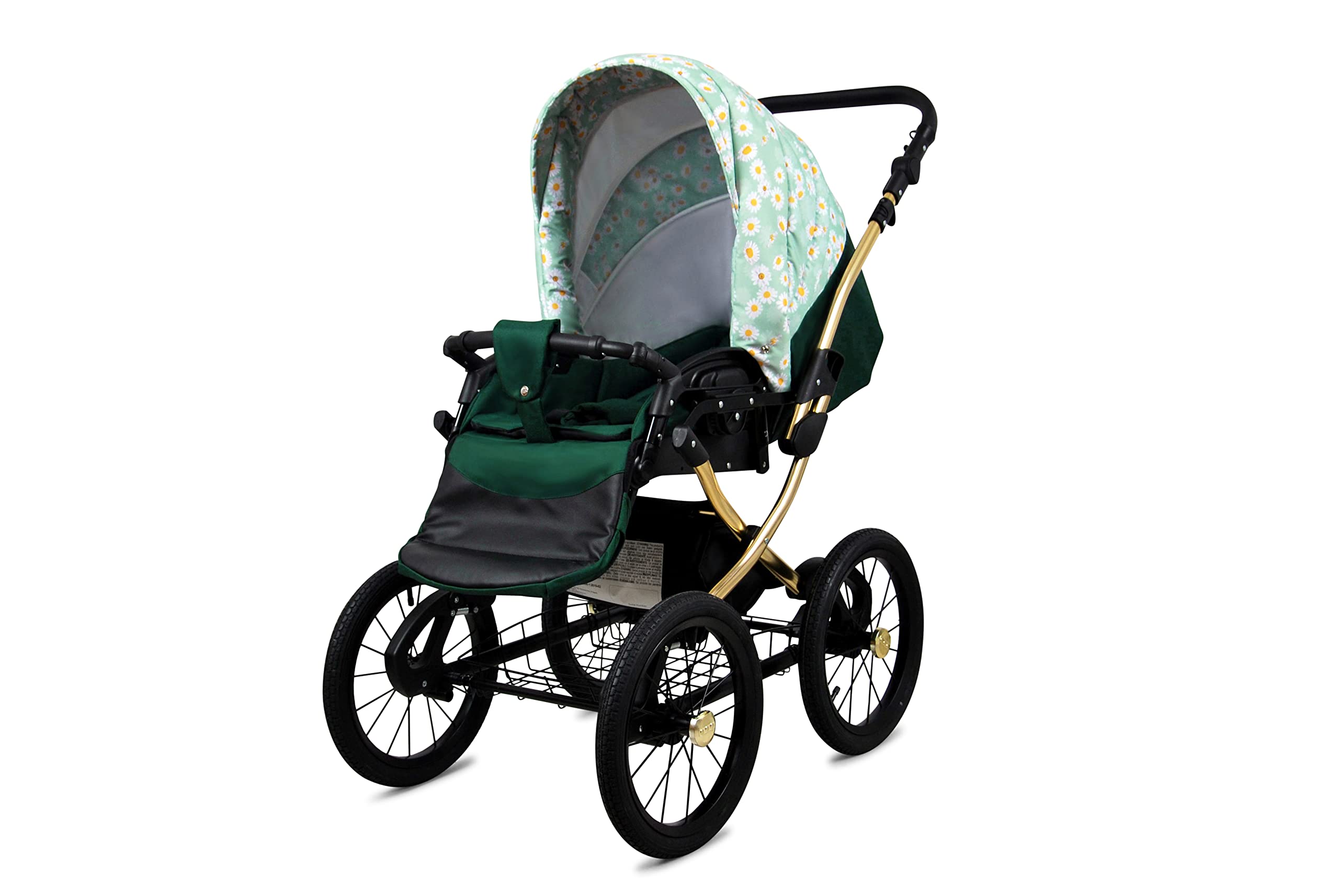 BabyLux ALU 2w1 Wózek dla Malucha – Wózki spacerowe & Wózki dziecięce – Wózek spacerowy dla Noworodka i Malucha – Wózek dla Noworodka – 59x105x125cm – Max 15kg – Green Daisy Gold Frame