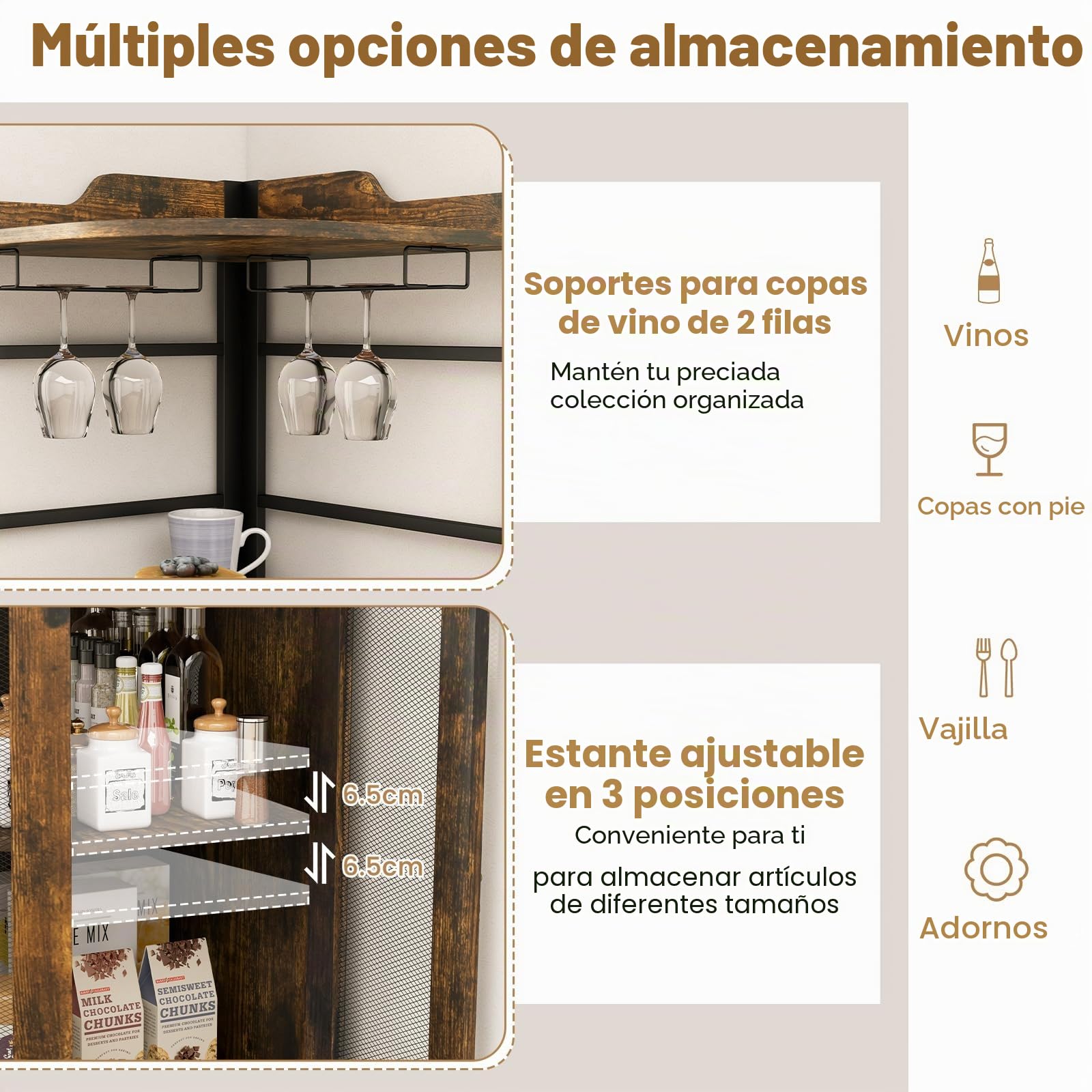 KOMFOTTEU Armario de Esquina con Soporte de Copas, Mueble Bar con Puertas de Malla Metálica, Aparador de Vino con Estante Ajustable, Botellero Esquinero para Cocina, Comedor, 48 x 48 x 130 cm (Marrón)