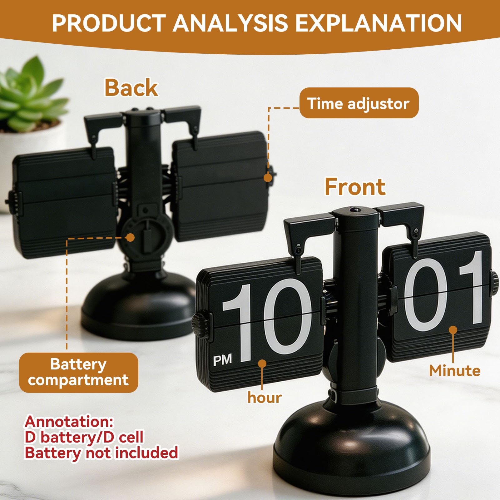 HERCHR Flip-Schreibtischuhr, Retro-Flip-Uhr, Digital-Flip-Down-Uhr, mechanische Flip-Uhr, Tischuhr Retro-Minimalist-Einfuß-mechanische Auto-Flip-Uhr, Batteriebetriebene Digitale Flip-Down-Uhr