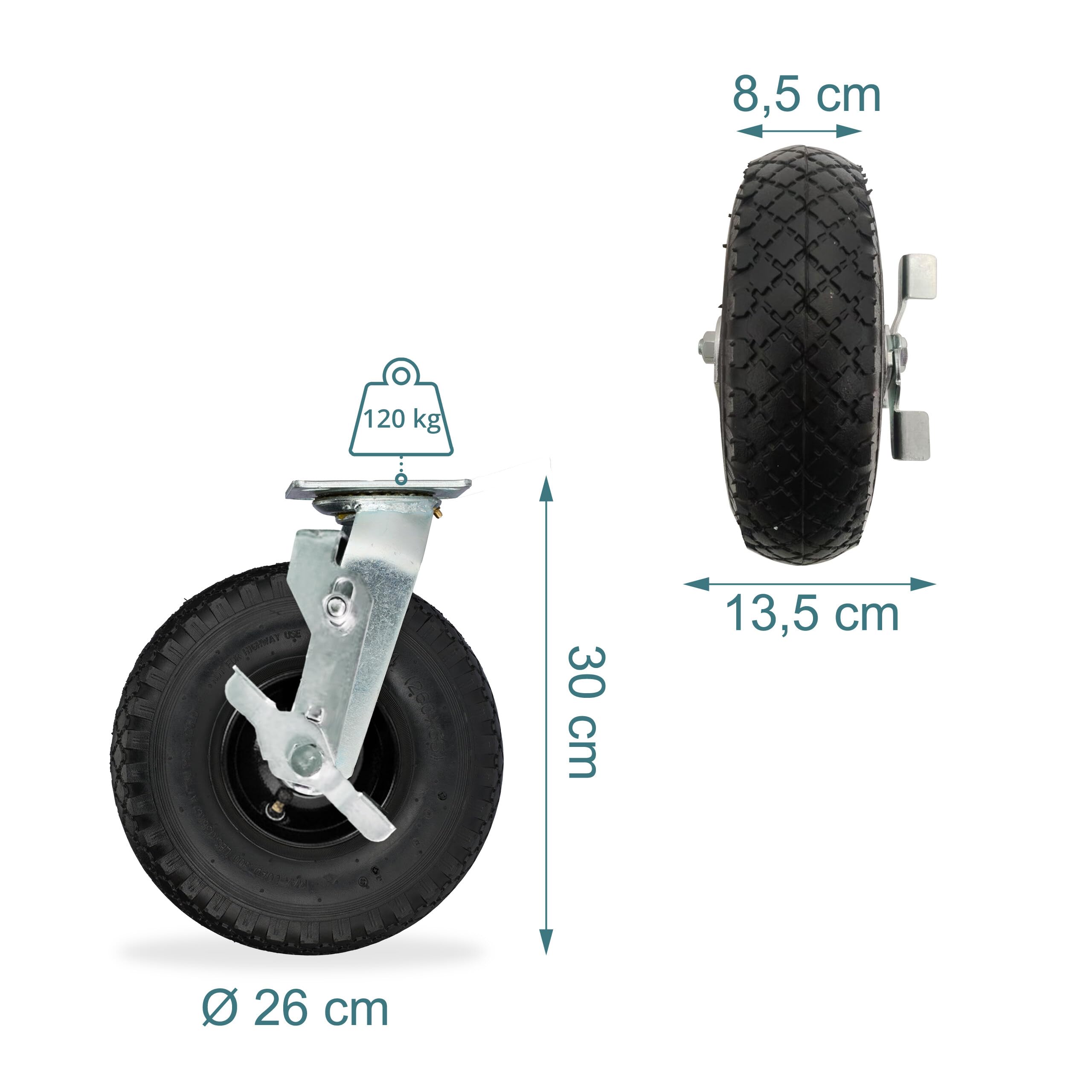 Relaxdays Set 2 Ruote fisse + 2 girevoli, pneumatiche Portata 120 kg, 3.00-4, Nero/Argento, Rotelle