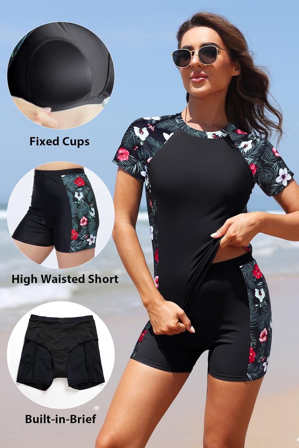 Daci Women's 2 Piece Rash Guard UPF 50+ Short Sleeve Swim Shirt with Shorts Swimsuit with Pockets and Built-in Bra - Image 5