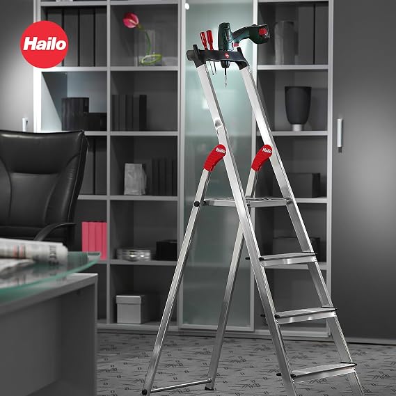 Hailo L60 StandardLine 4-Step Aluminum Folding Step Ladder, 330 lb Capacity Non-Slip Steps, Safety Rail, Steel Platform, Tool Tray, Slim Fold for Home & Garage