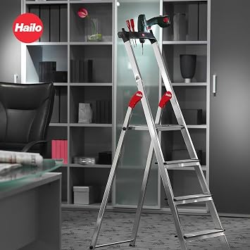 Hailo L60 StandardLine 4-Step Aluminum Folding Step Ladder, 330 lb Capacity Non-Slip Steps, Safety Rail, Steel Platform, Tool Tray, Slim Fold for Home & Garage