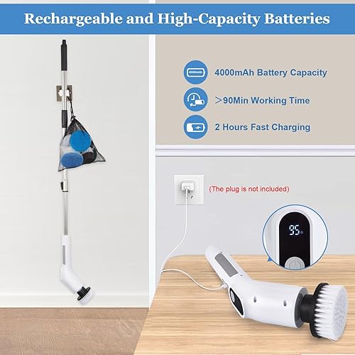 Miniatura 5 de Fixm Limpiador giratorio eléctrico inalámbrico, potente limpiador de ducha y baño de 2 velocidades con pantalla LED, mango ajustable y 11 cabezales