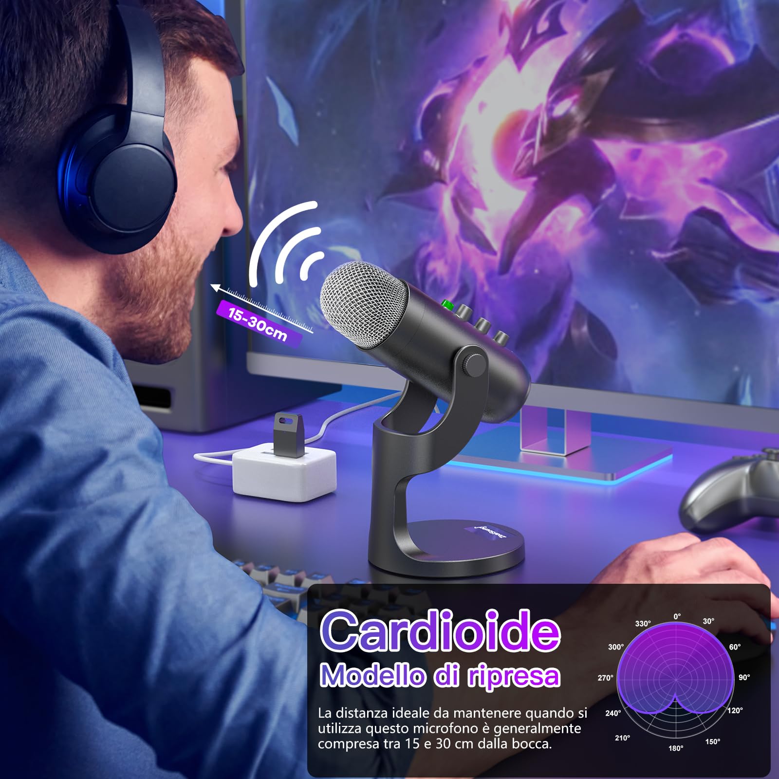 ZealSound Microfono wireless,microfono USB per *Phone/PC/iPad/Android Phone-microfoni da tavolo a condensatore senza fili con monitoraggio dell'eco muto, Bluetooth 2,4 GHz per Podcast/ASMR/Video