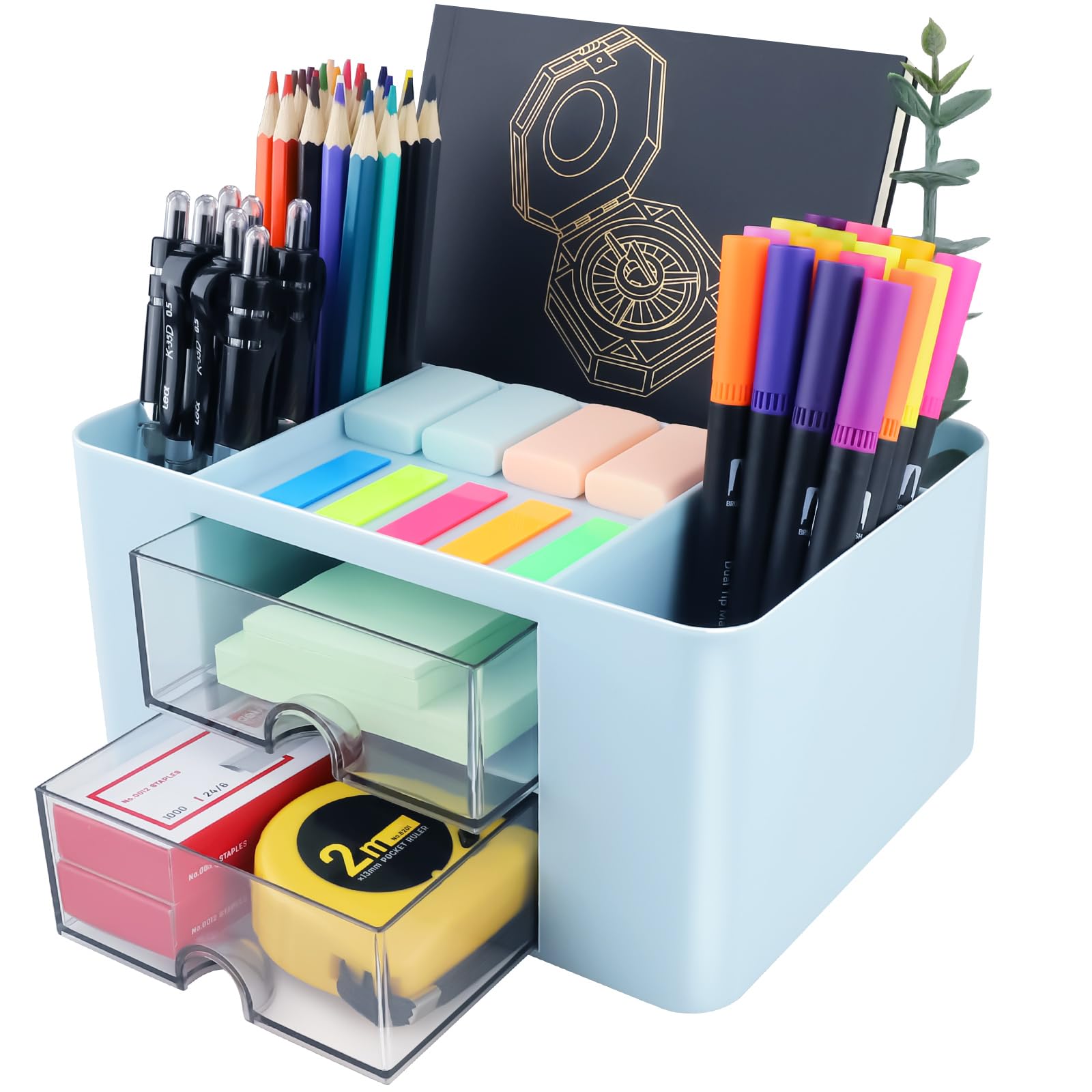DoDuo Organizador de Escritorio, Multifuncional Plástico Organizadors Escritorio Desk con 5 Compartimentos y 2 Cajón para Hogar Oficina y Escuela (Rosa) (Azul)