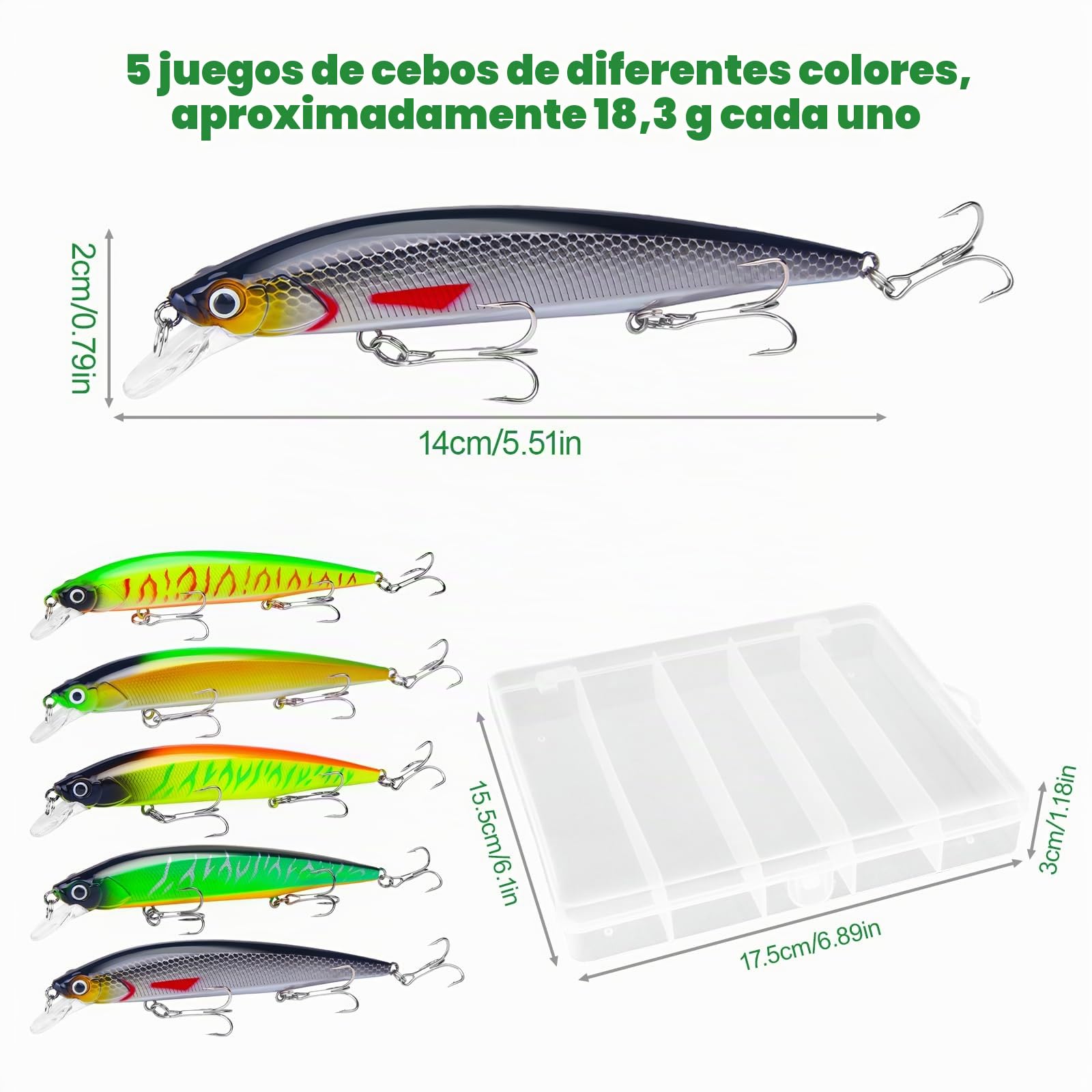 5 Piezas Señuelos Pesca, Señuelos Spinning de Pesca con Anzuelos Triples, Señuelos de Pesca para la Pesca de Peces Depredadores, anzuelos de Pesca para Agua Dulce y Salada