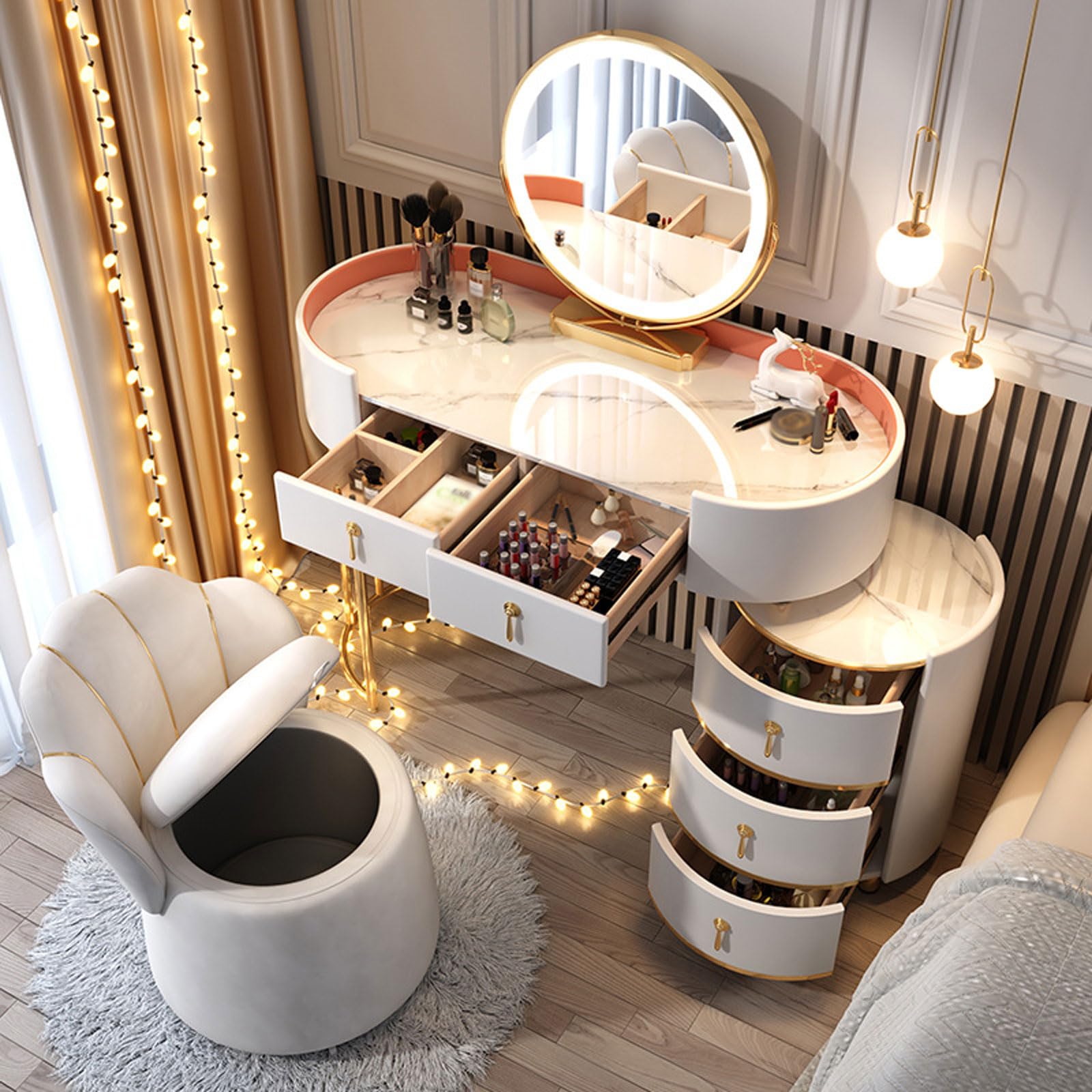 Elegancki 3-kolorowy zestaw kosmetyczny z lustrem i amortyzowanym stołkiem – stylowe biurko do makijażu z 5 szufladami dla kobiet i dziewcząt idealne rozwiązanie do dekoracji sypialni