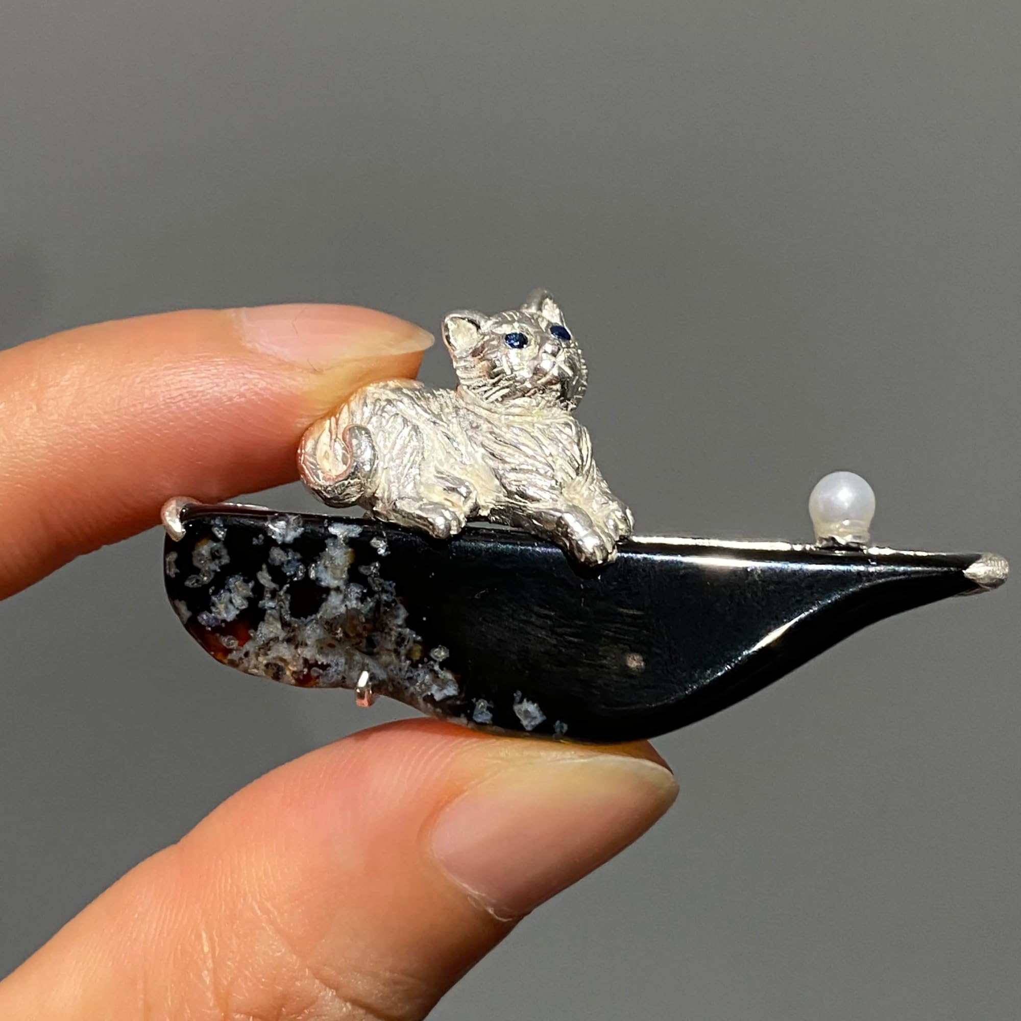 925 Silber Katzen Anhänger & Brosche, Handgefertigt, Edelstein Schmuck für Schutz & Harmonie, Geschenkidee Unisex