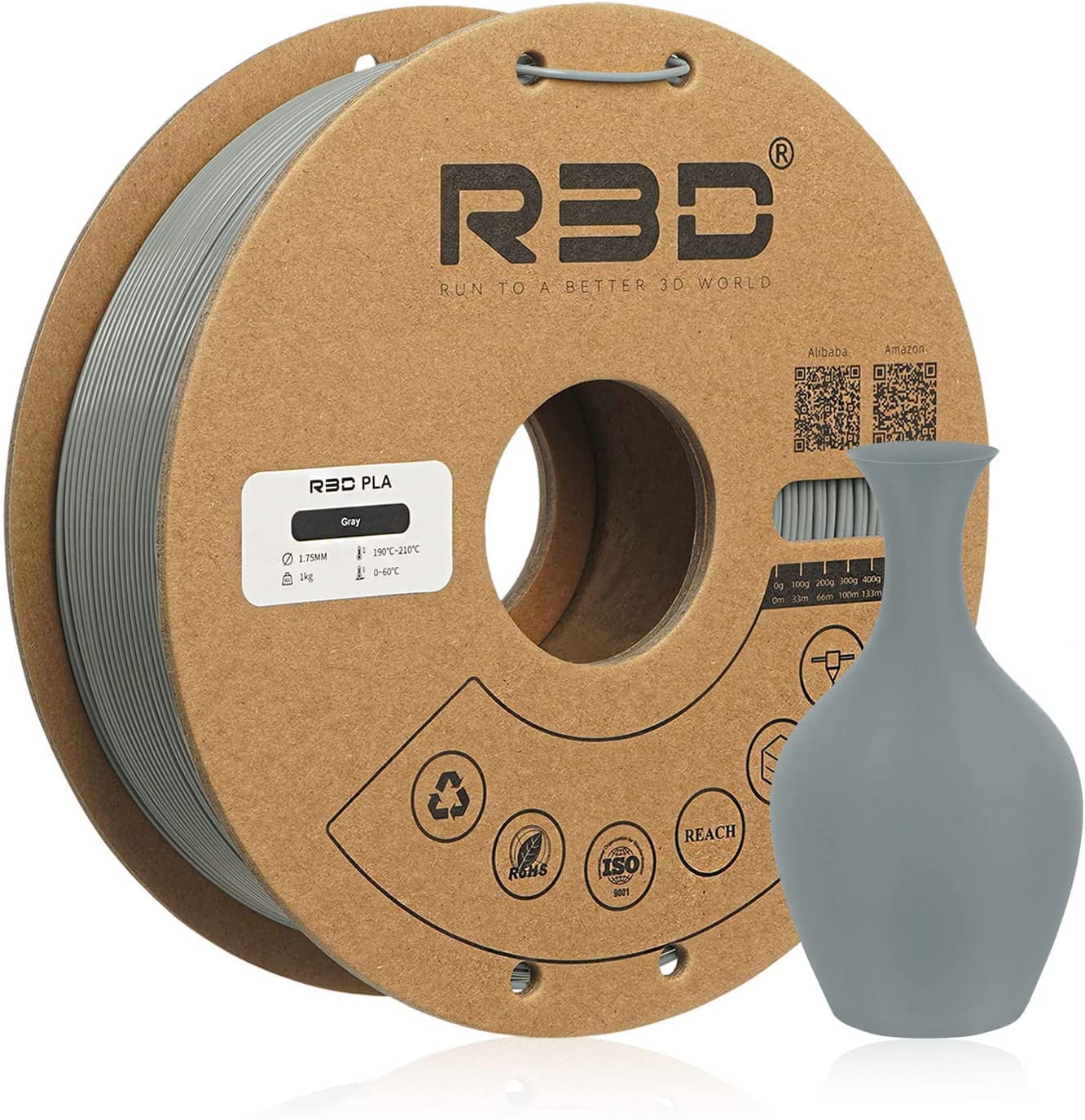 R3D PLA 3D Printer Filament,PLA Filament 1.75mm 1KG Spool (2.2lbs) Dimensional Accuracy +/- 0.03mm Fit Most FDM Printer(Gray)