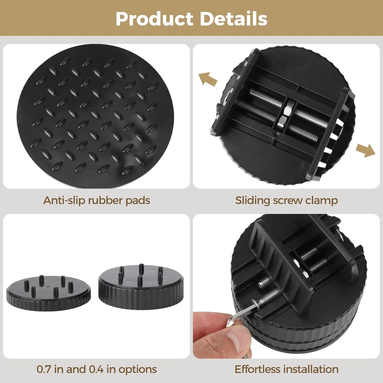 4 Pcs Adjustable Furniture Risers with Screw Clamp, 3.2 in Wide Base Sturdy Bed Risers, Stackable 0.7 in 0.4 in Extenders for Tables, Cabinets, Couch, Bed Legs, Black