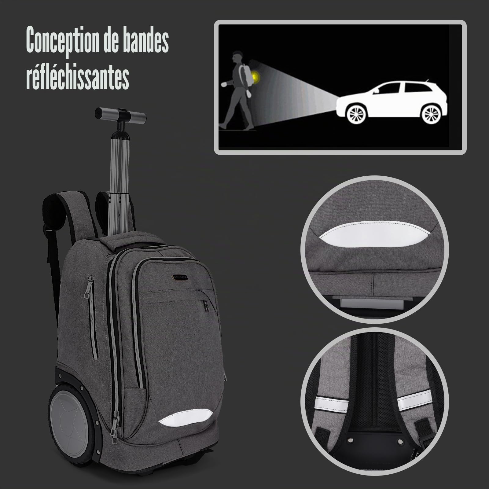 Hivexagon Sac à Dos à roulettes, Sac à Dos Roulant avec Roues de 7 Pouces – Poignée télescopique renforcée,Compartiment pour Ordinateur Portable, Idéal pour Les Affaires et Les Voyages – Gris