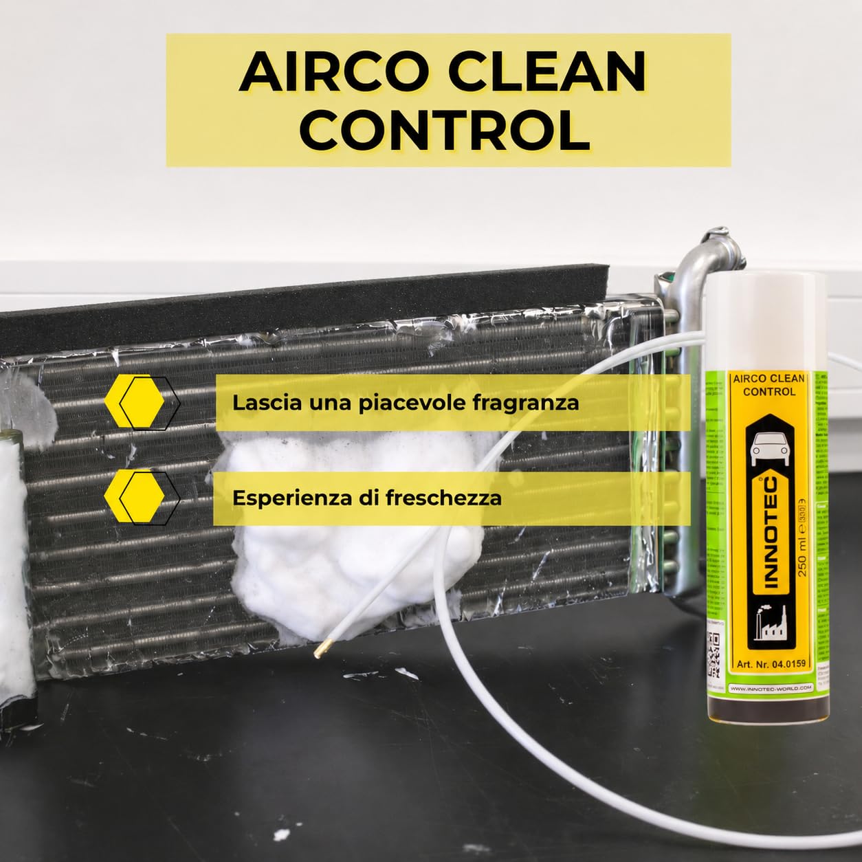 INNOTEC Airco Clean Control 250 ml – Detergente per condizionatori d'aria e vie d'aria – rimuove sporco, batteri e odori sgradevoli – ideale per auto, abitazioni e uffici – facile applicazione senza