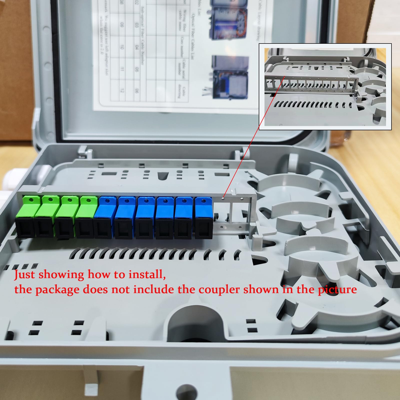 Glasfaser-Verteilergehäuse mit 12 Kernen und 12 LC-Duplex-Singlemode-Kupplungen, FTTH-Glasfaser-Zubehör, 24,5 x 22 x 6,5 cm