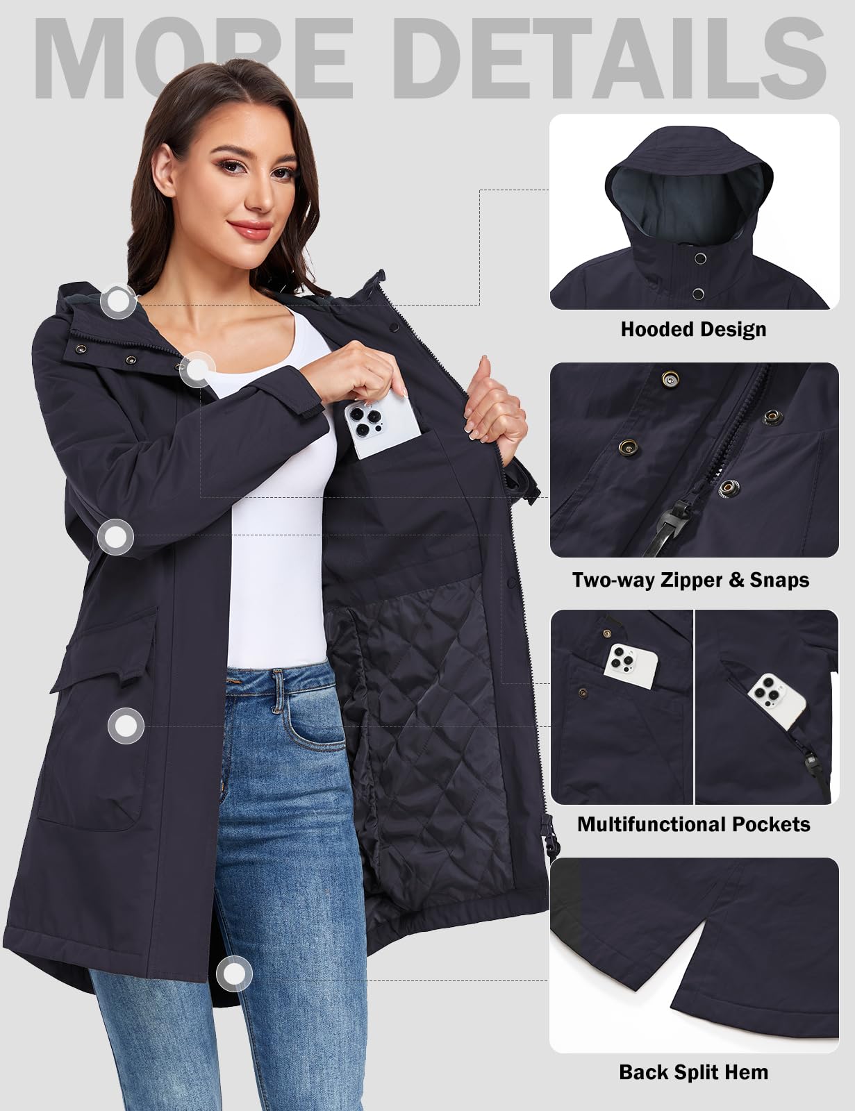 Vancavoo Chaqueta Mujer Entretiempo Parkas Primavera Casual Ligtweight Militar Abrigo Zip Up Capucha Resistente al Viento Largo Jacket