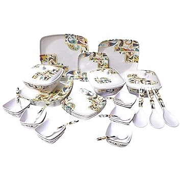 Royal Melamine Microwave Safe Printed Square Dinner Sets with 6 Spoon -Services for 6 (White and Golden) - Set of 40
