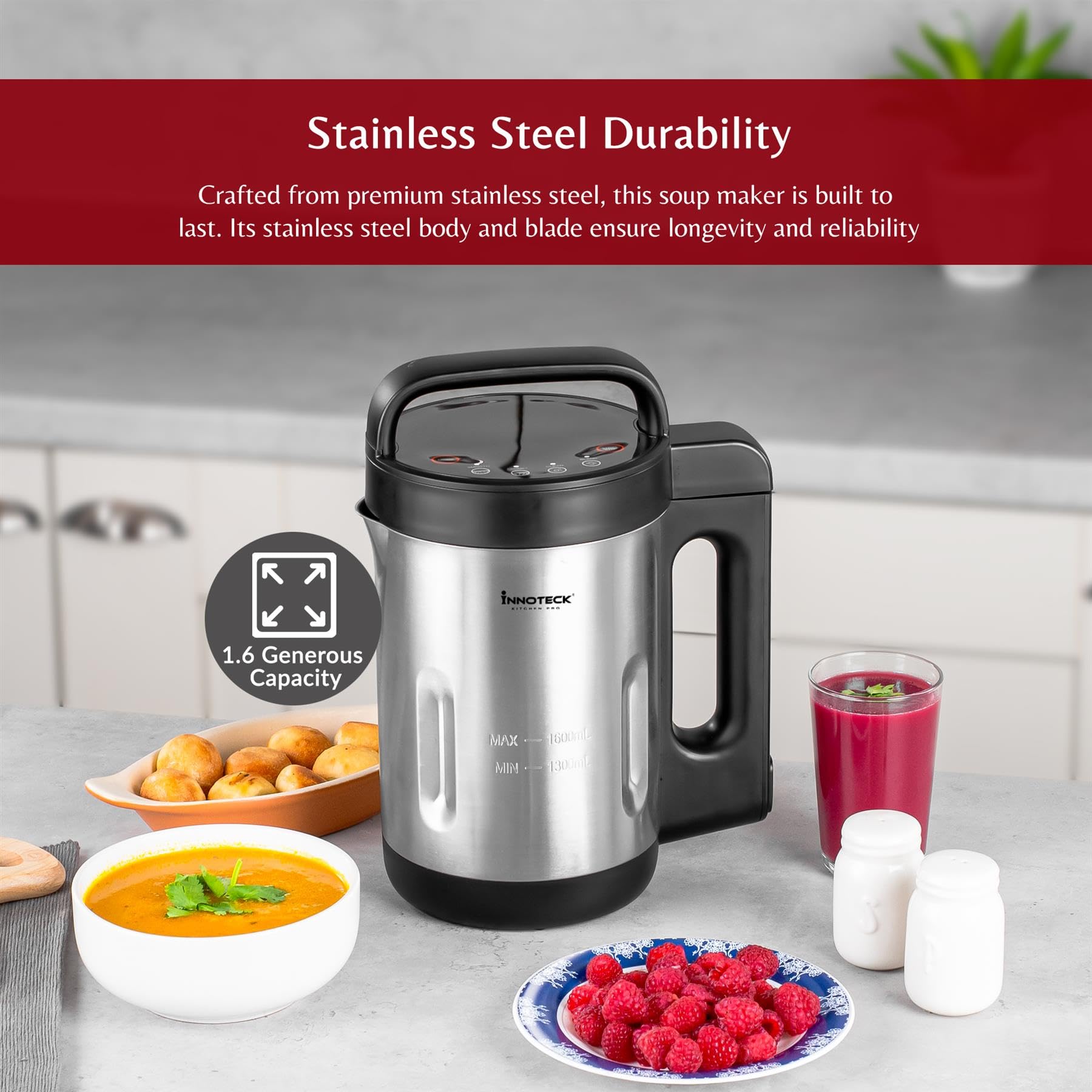 Innoteck Kitchen Pro Machine à soupe avec pichet en acier inoxydable – Idéal pour une soupe lisse, épaisse ou un smoothie sain – 4 fonctions prédéfinies – Affichage numérique de la minuterie –