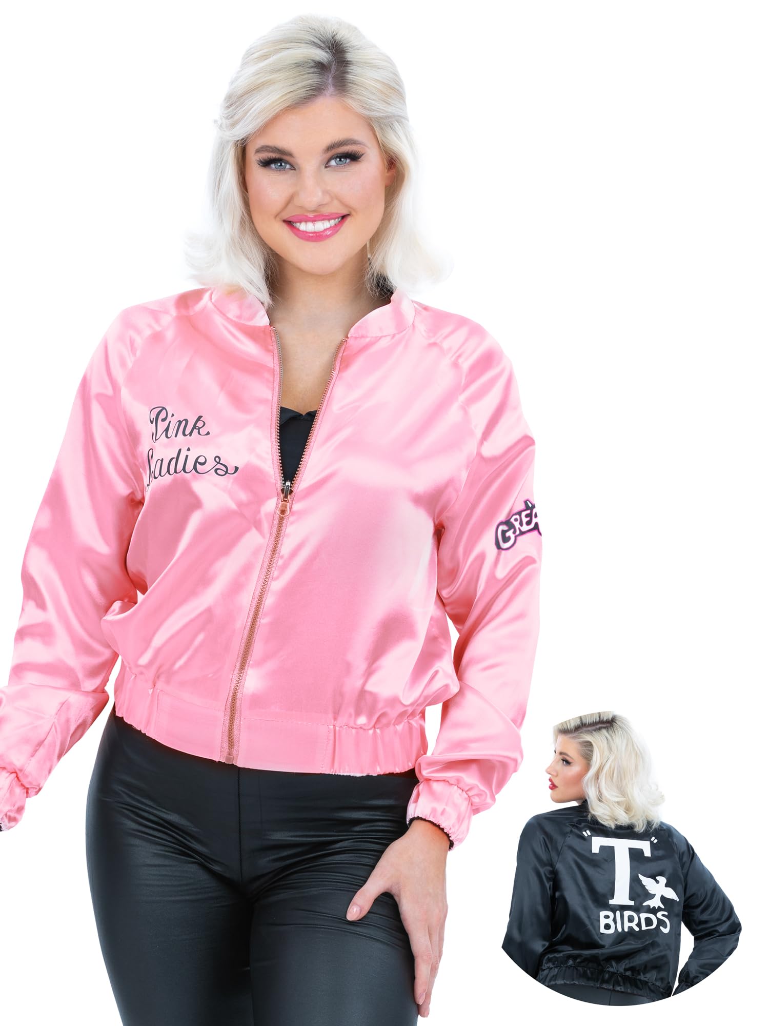 Smiffys Grease Reversible Pink Ladies and T-Birds Jacket for Women, Official Licensed 1950s Rock n Roll Fancy Dress Costume Accessory for Musicals, Hen Parties, Halloween & Retro Events, Small