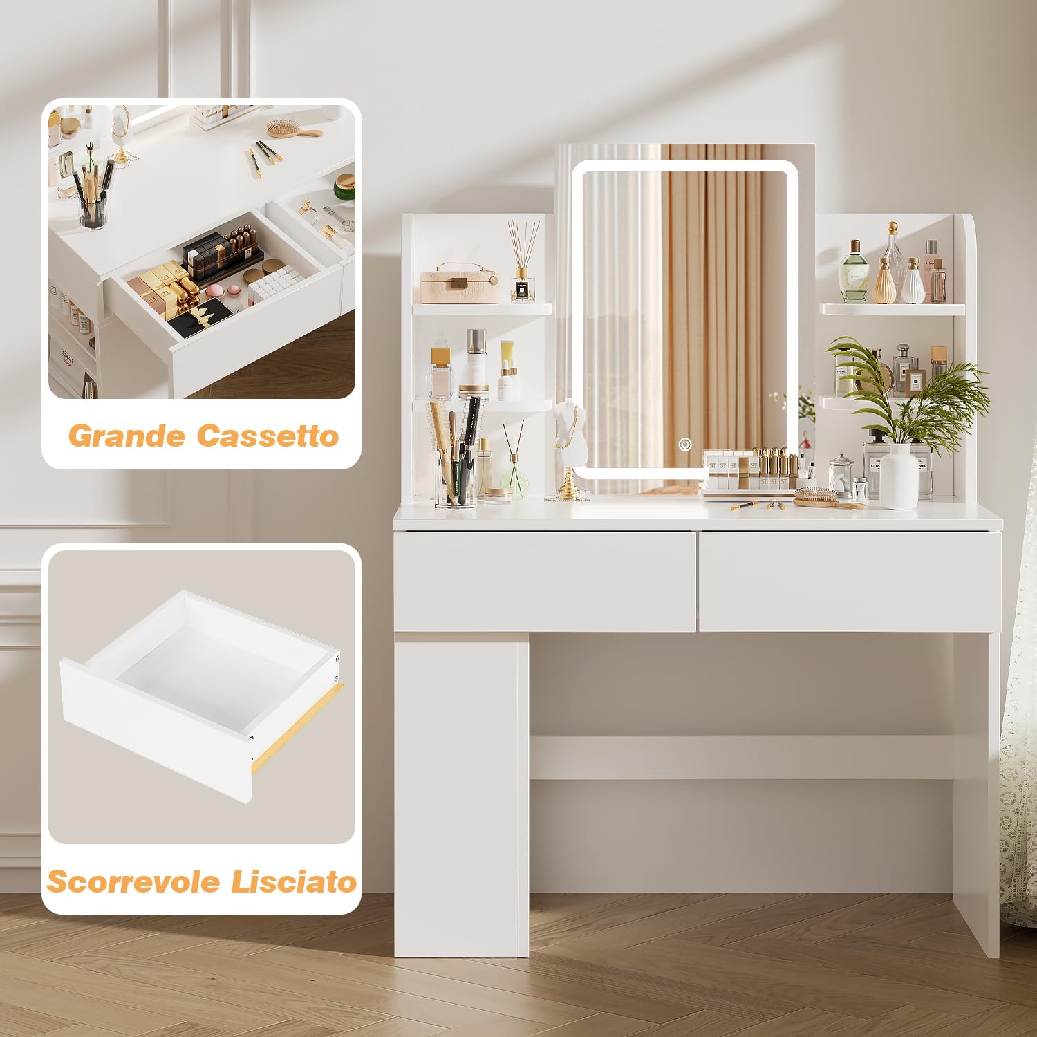 Airfish Toeletta da Trucco con Luci LED,Luminosità Regolabile,Postazione Trucco,Tavolo da Trucco con Specchio,2 Cassetti,Ripiani Aperti,Moderno,Bianco