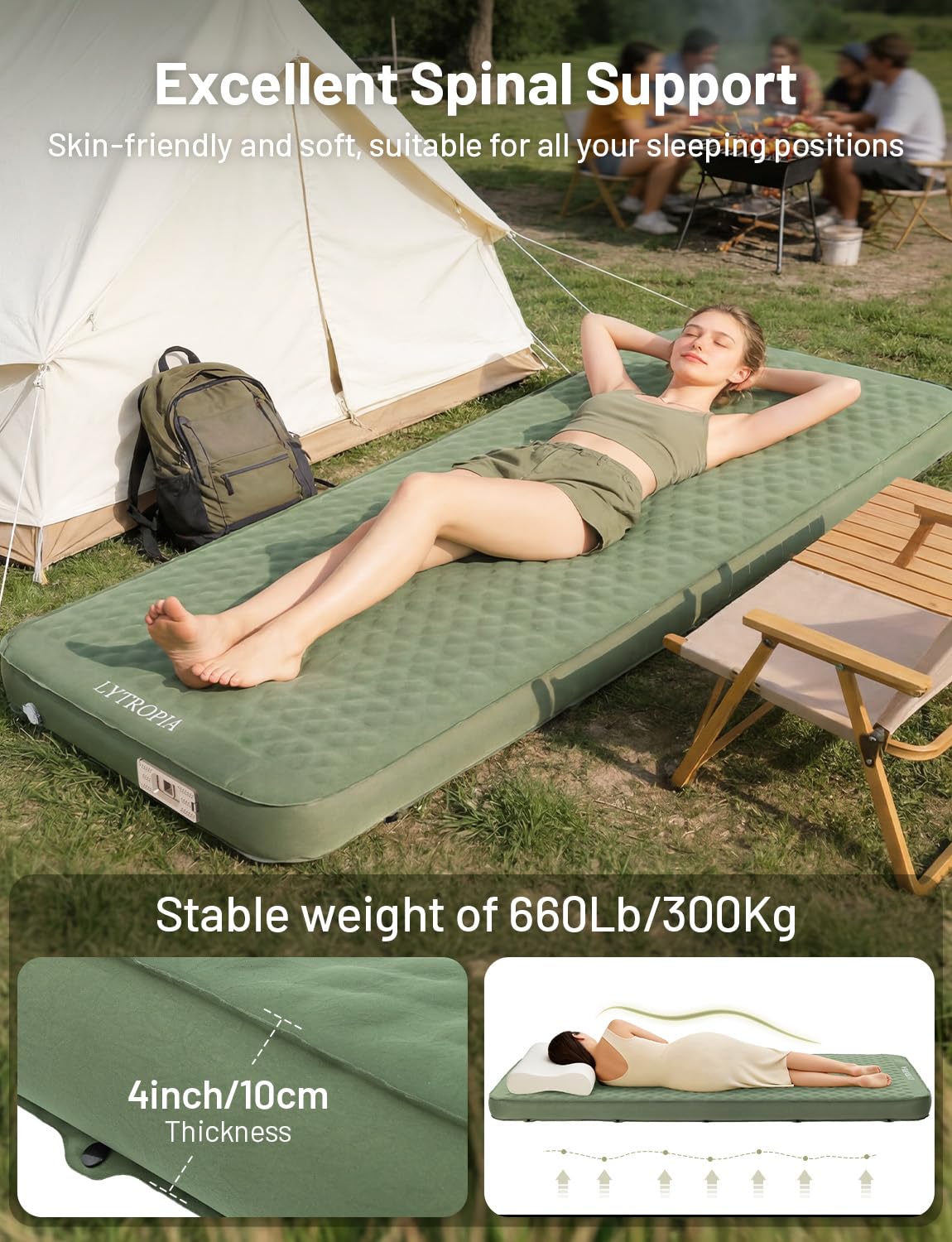 Materasso ad aria, materassino autogonfiante con pompa elettrica | 200 × 76 × 10 cm, 3,2 kg, valore R 9,5, materiale TPU, schiuma 20D, max 300 kg, per campeggio, spiaggia, esterni, tenda, auto